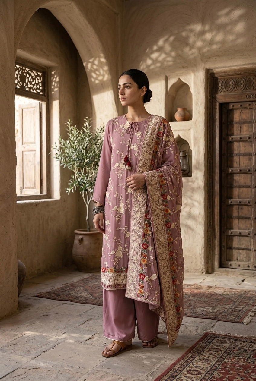Dusty Rose Floral Embroidered Georgette Suit Set
