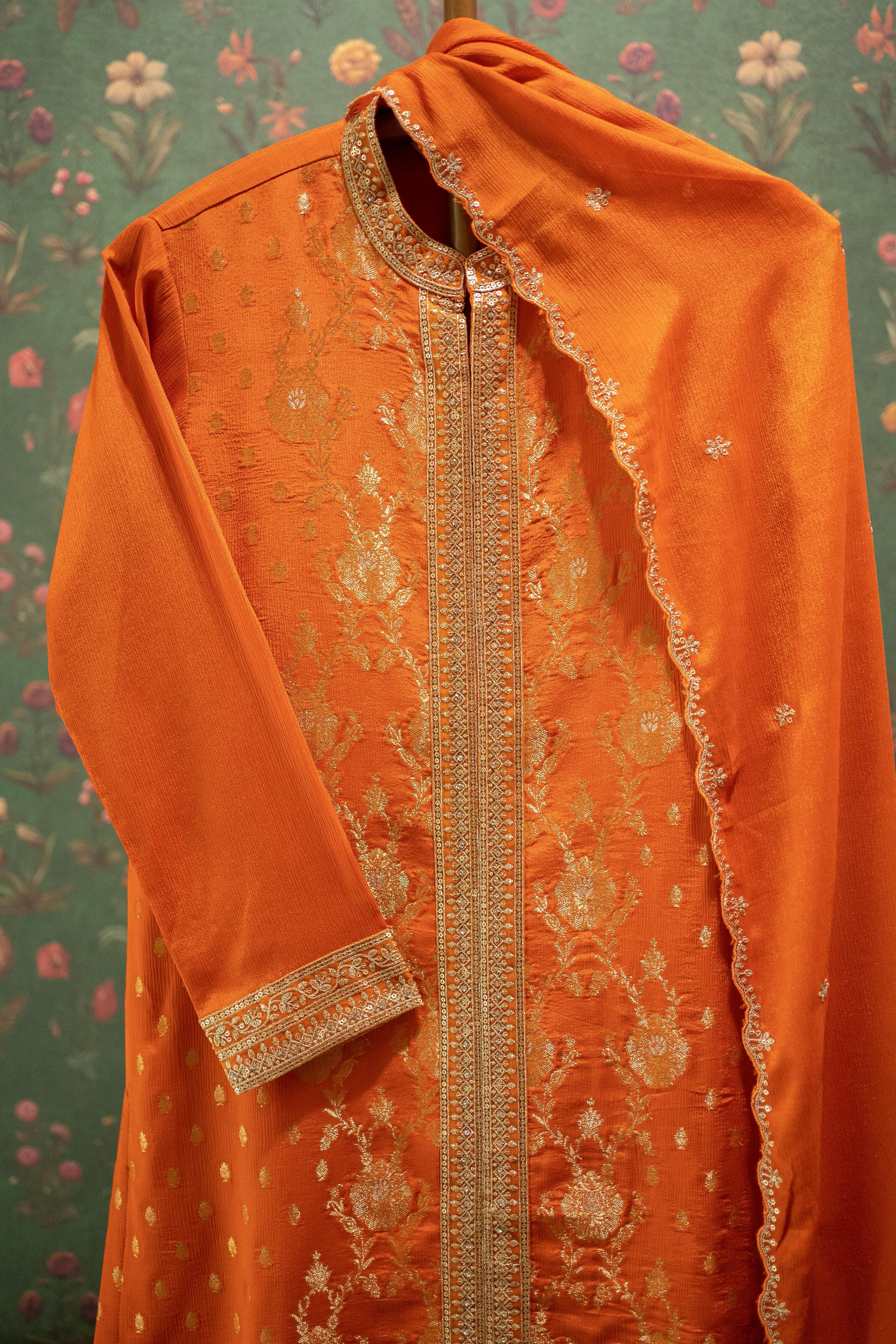 Heritage Rust Orange Banarasi Embroidered Suit Set | HER-563