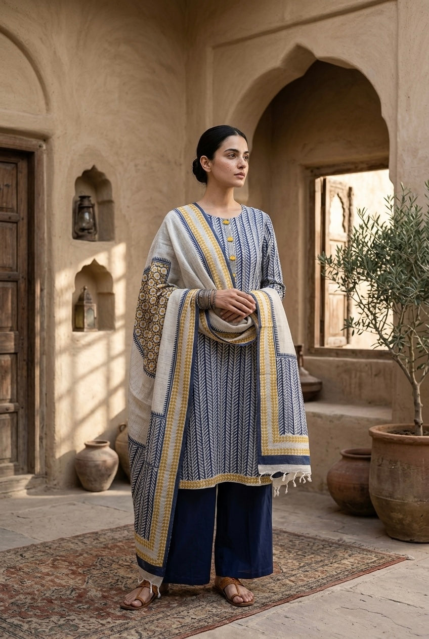 Indigo Mustard Handblock Printed Linen Suit Set