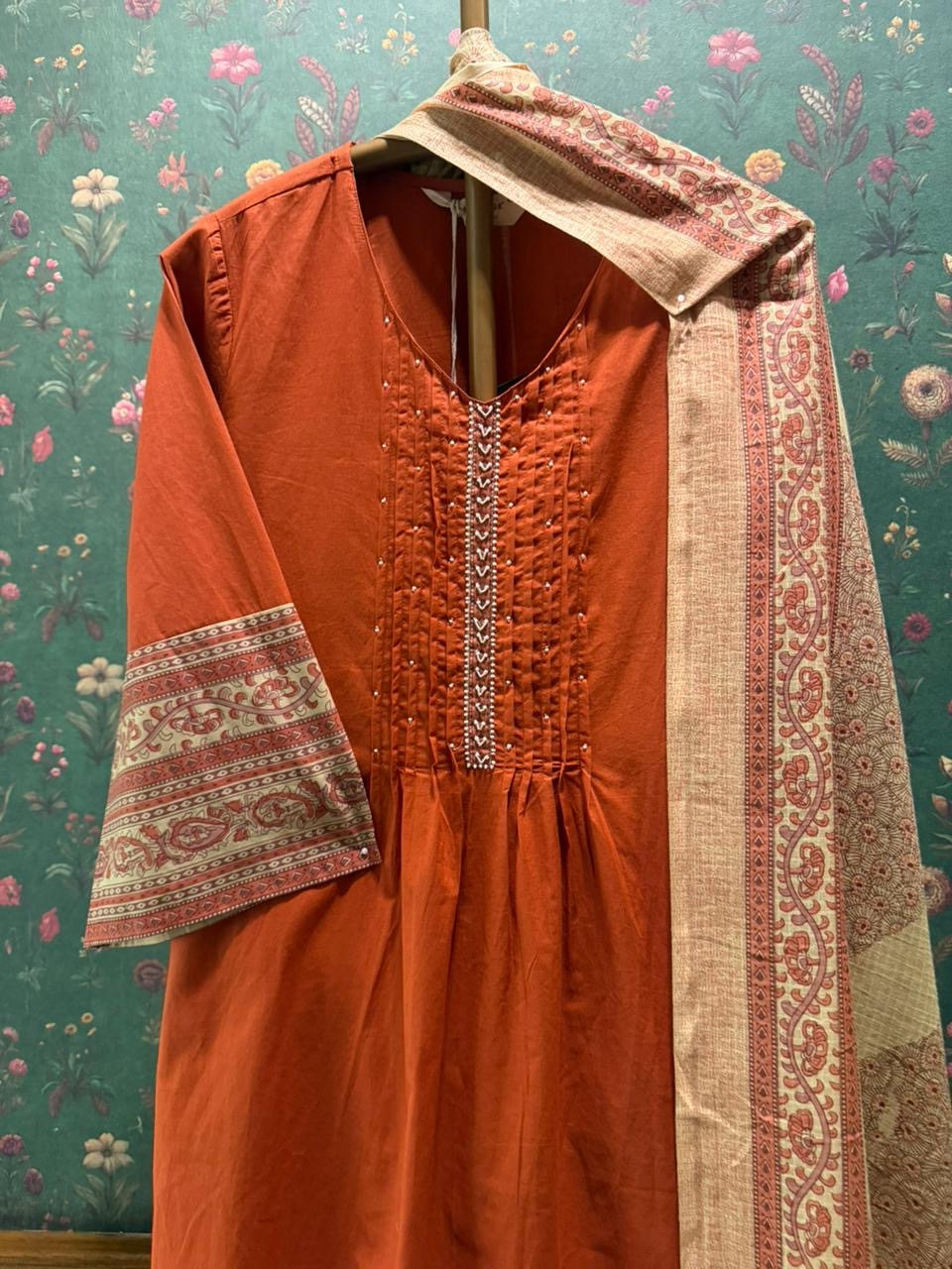 Rust Orange A-Line Cotton Suit Set | HER-693