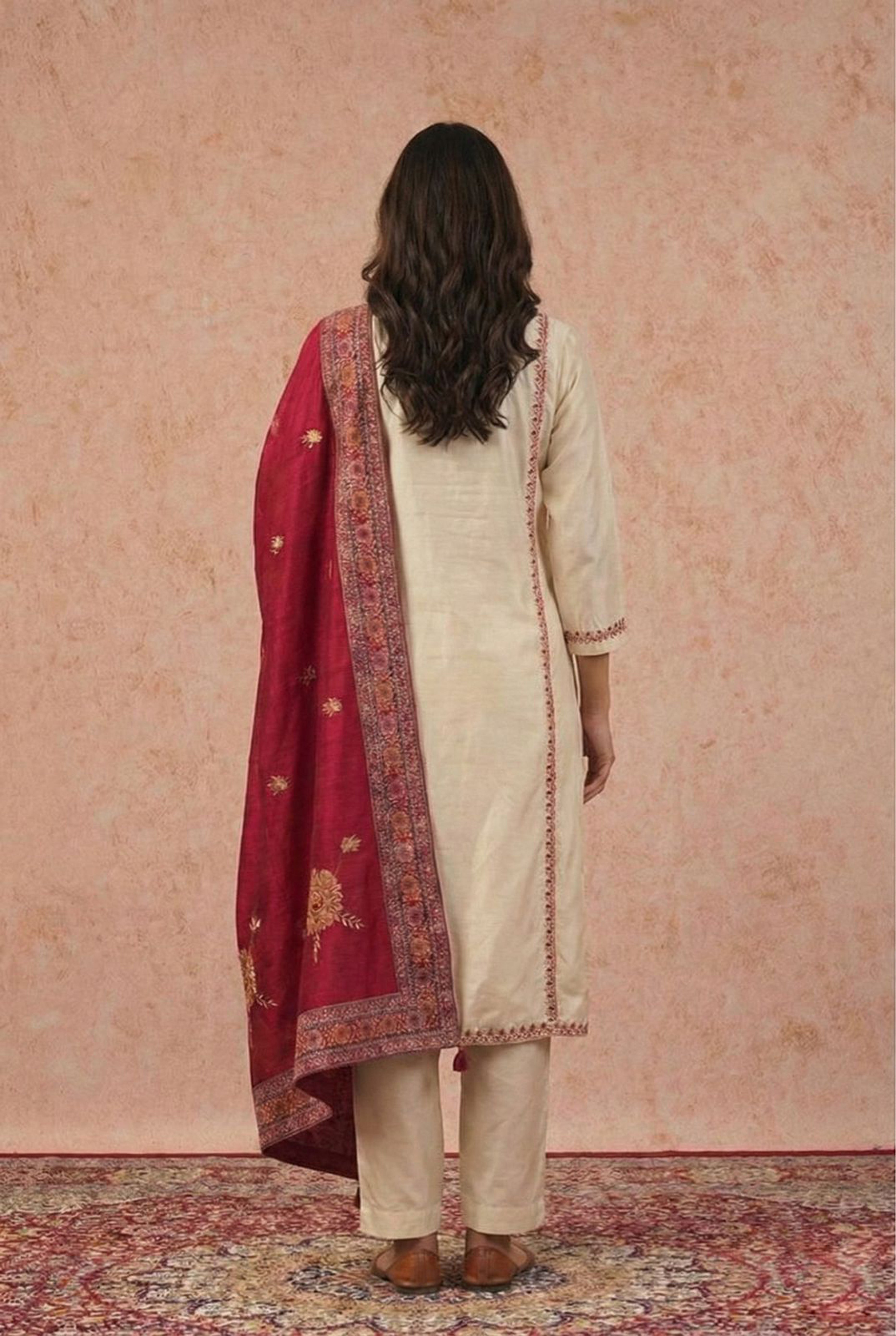 Arzoo Ivory Chanderi Embroidered Suit Set with Magenta Pink Banarasi Dupatta | HER-550