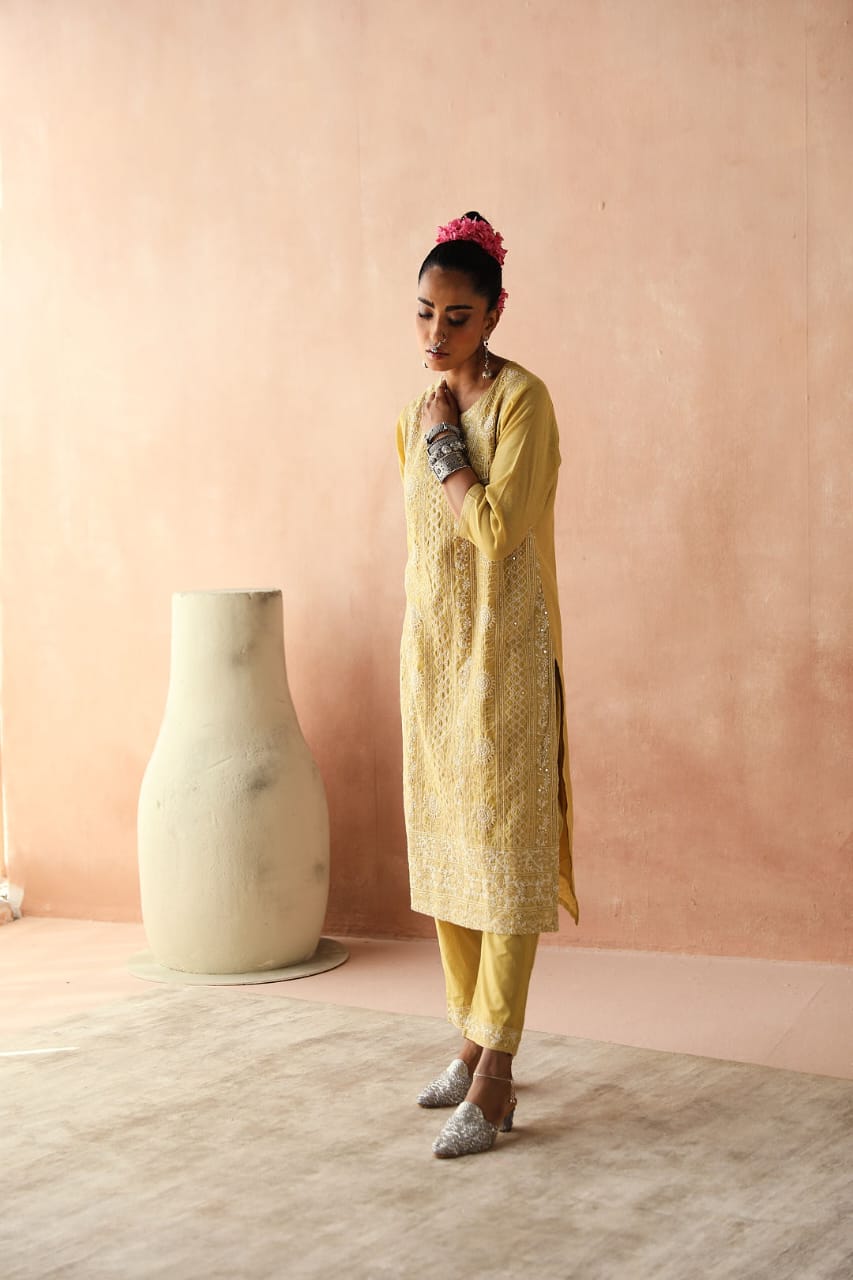 Yellow Chikankari Kurta/Co-ord Set | HER-258