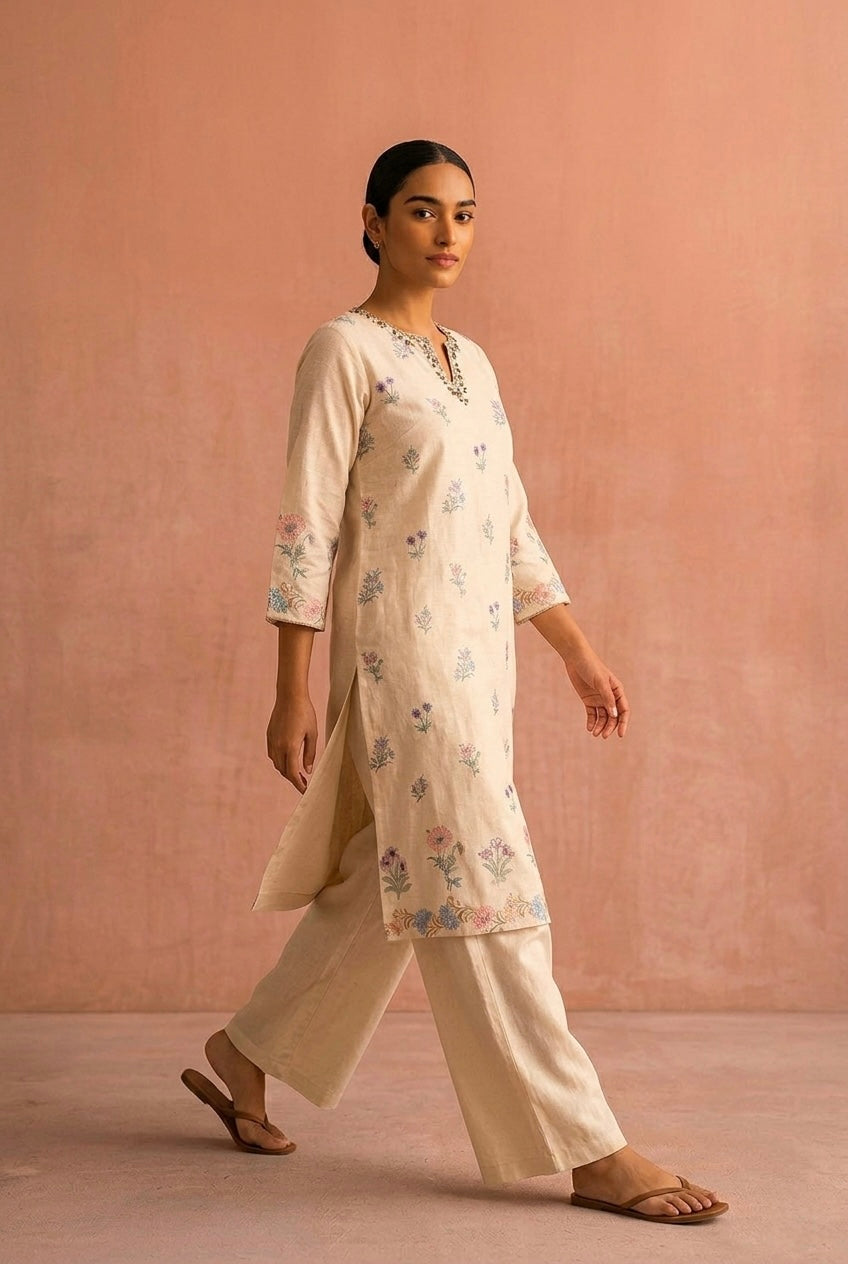 Ivory Meadow Embroidered Cotton Kurta Set | HER-667