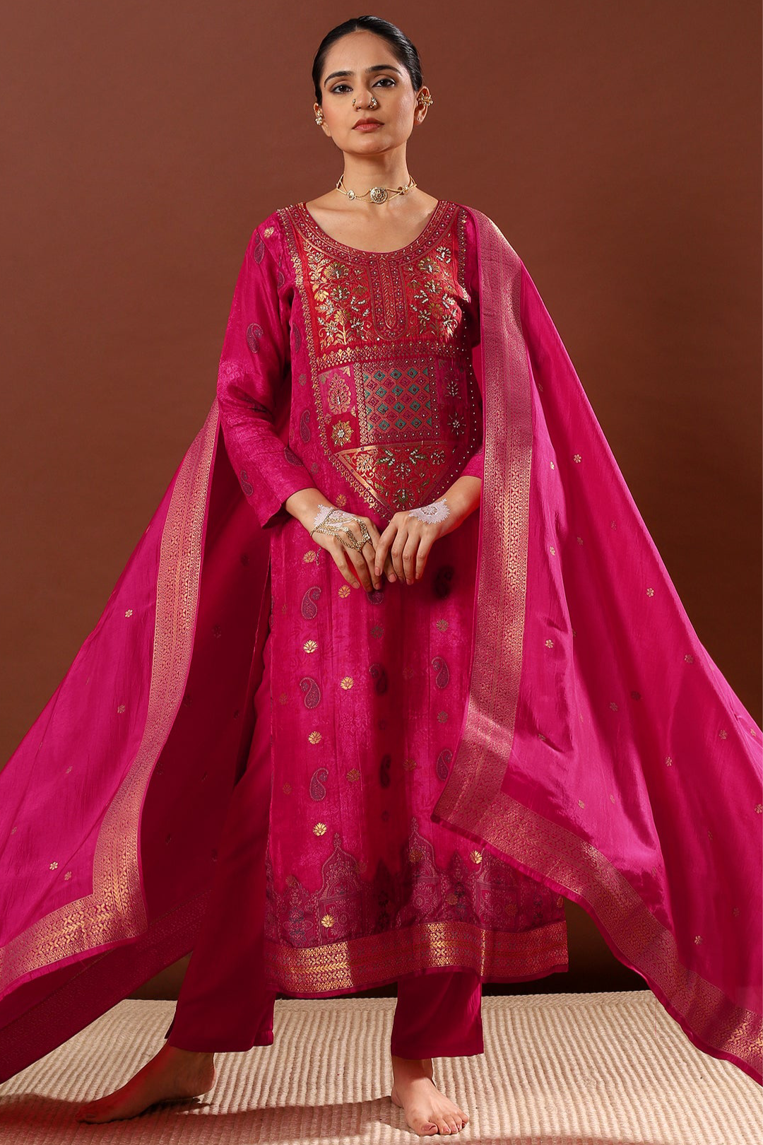 Heritage Premium Dola Jacquard Embroidered Suit Set – Rani Pink | HER-483