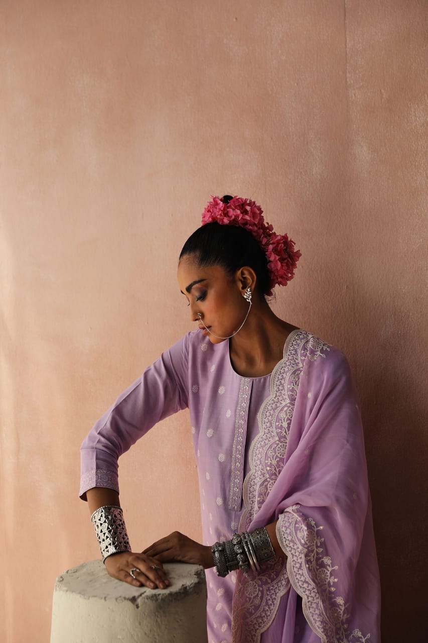 Lavender Straight Fit Cotton Silk Suit Set | HER-236