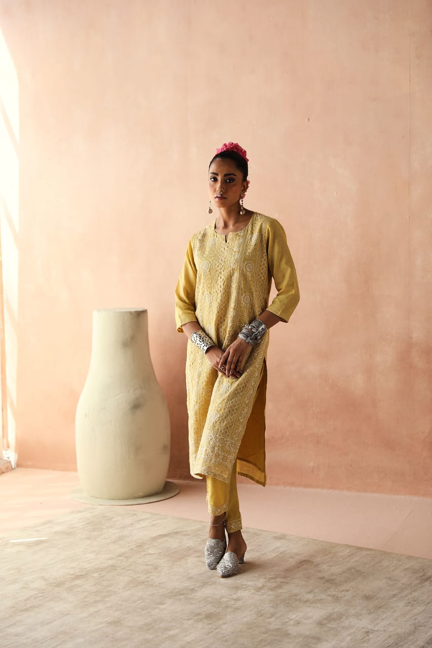 Yellow Chikankari Kurta/Co-ord Set | HER-258