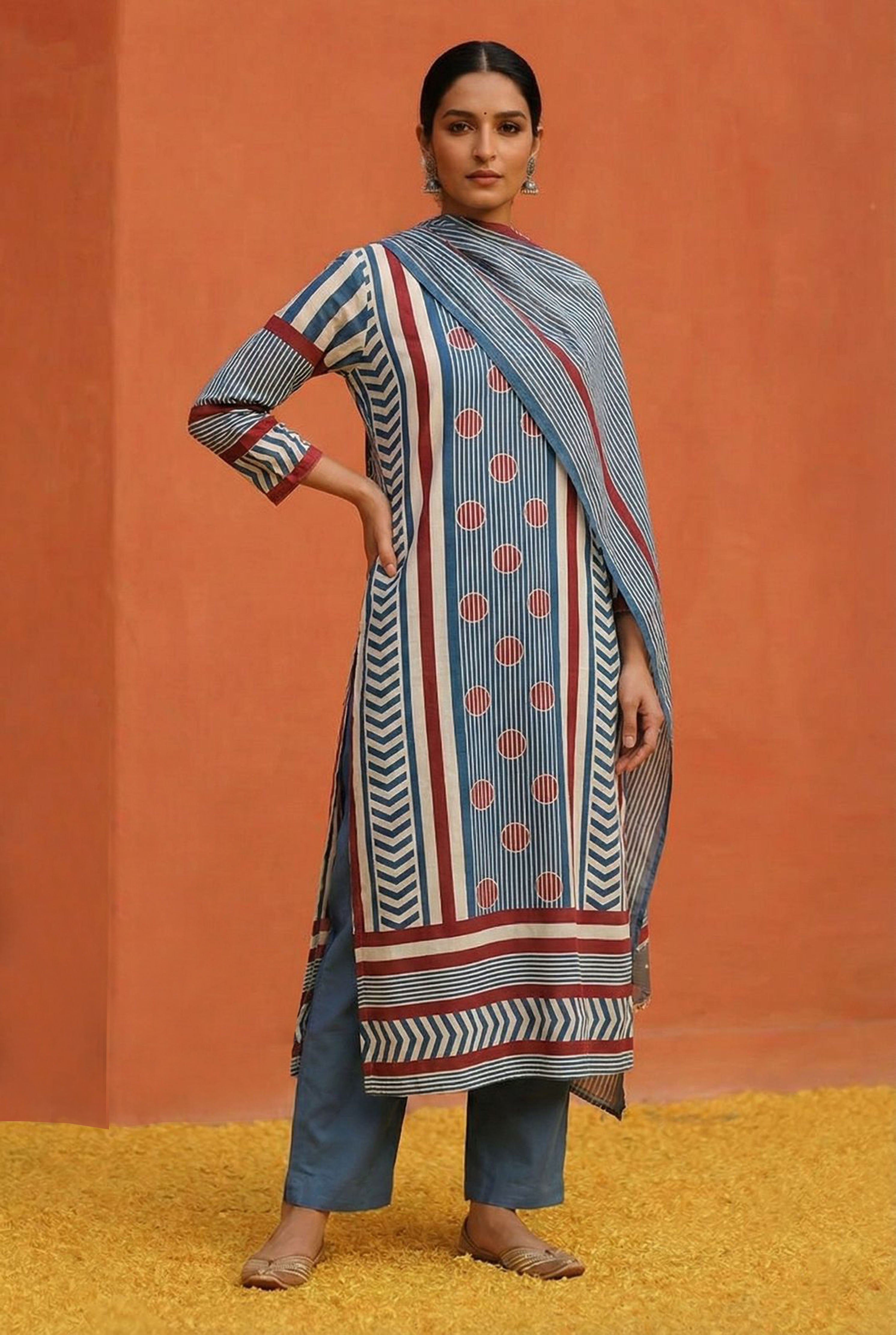 Blue Straight Fit Cotton Suit Set | HER-469