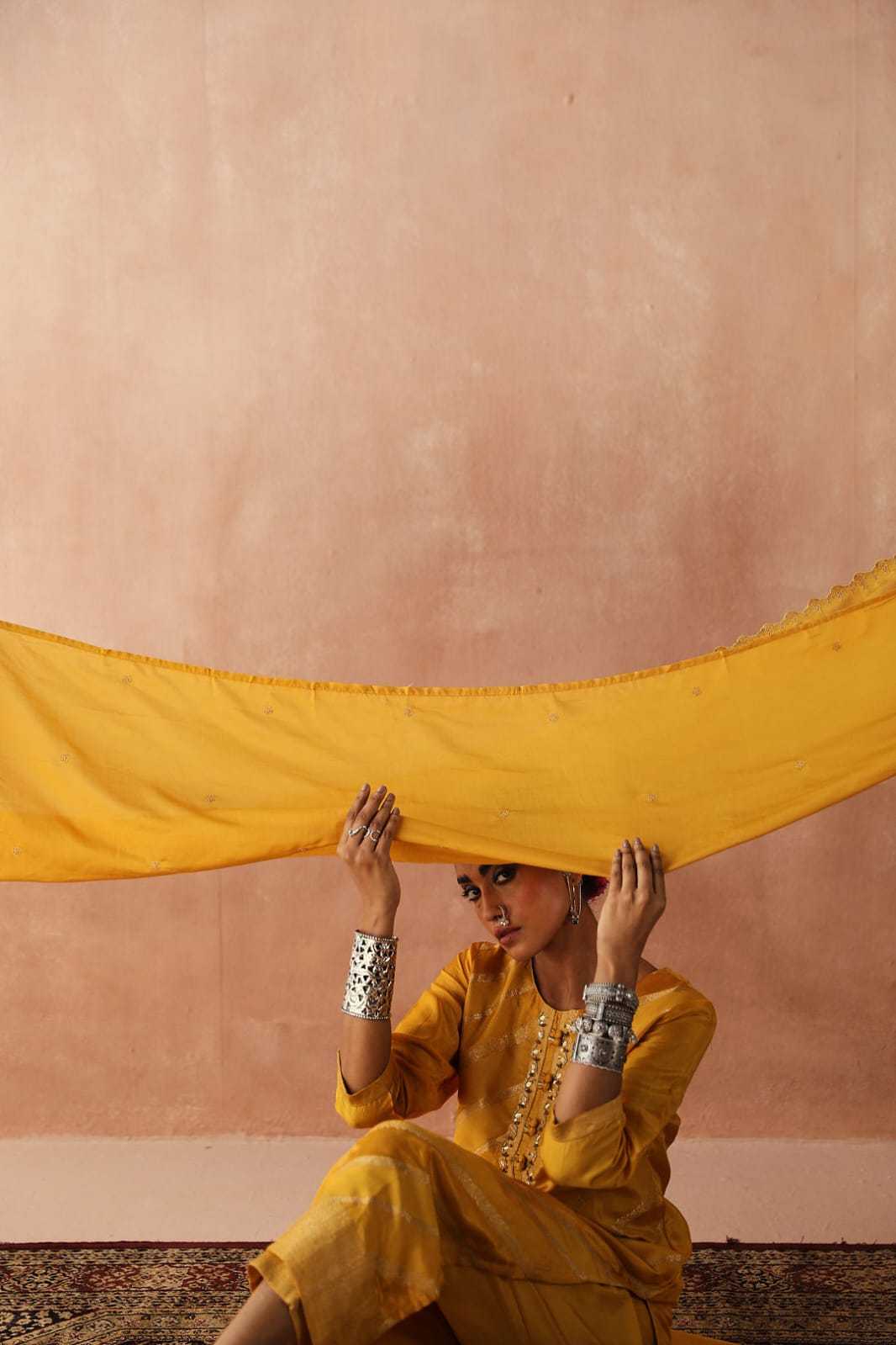 Yellow Zari Weaved Jacquard Suit Set