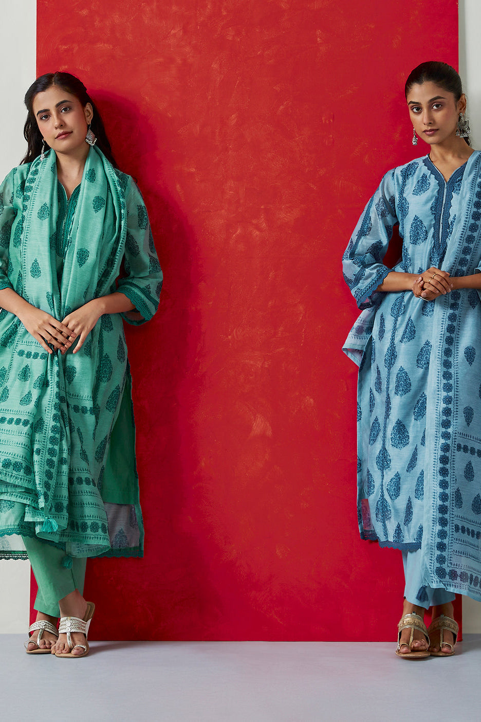 Tehzeeb Charcoal Sage Green Chanderi Suit Set | HER-411