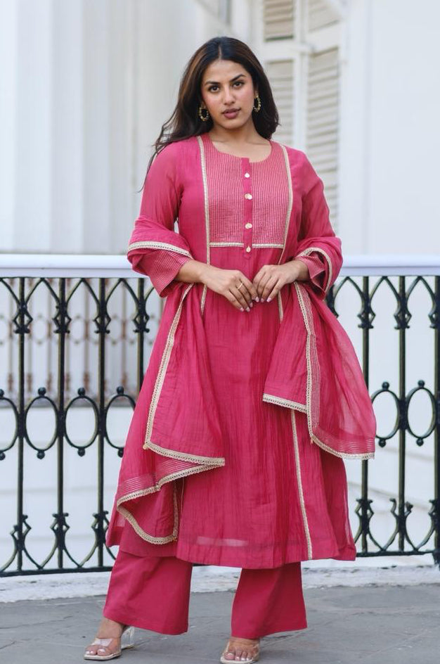 Meher Handcrafted Mul Chanderi A-Line Suit Set | HER-621