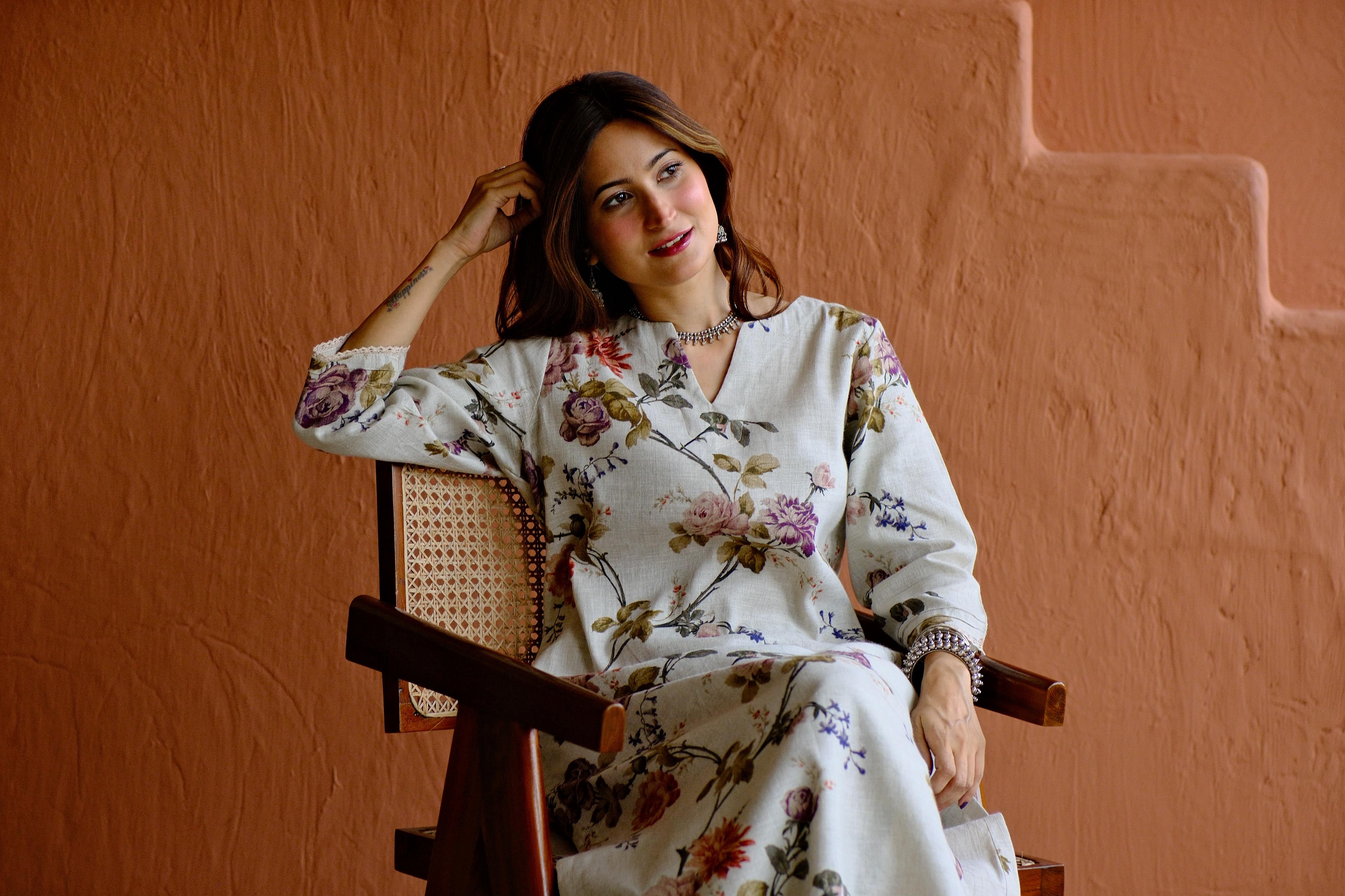 Rosalie Bloom Pure Linen Co-ord/Kurta Set | HER-465