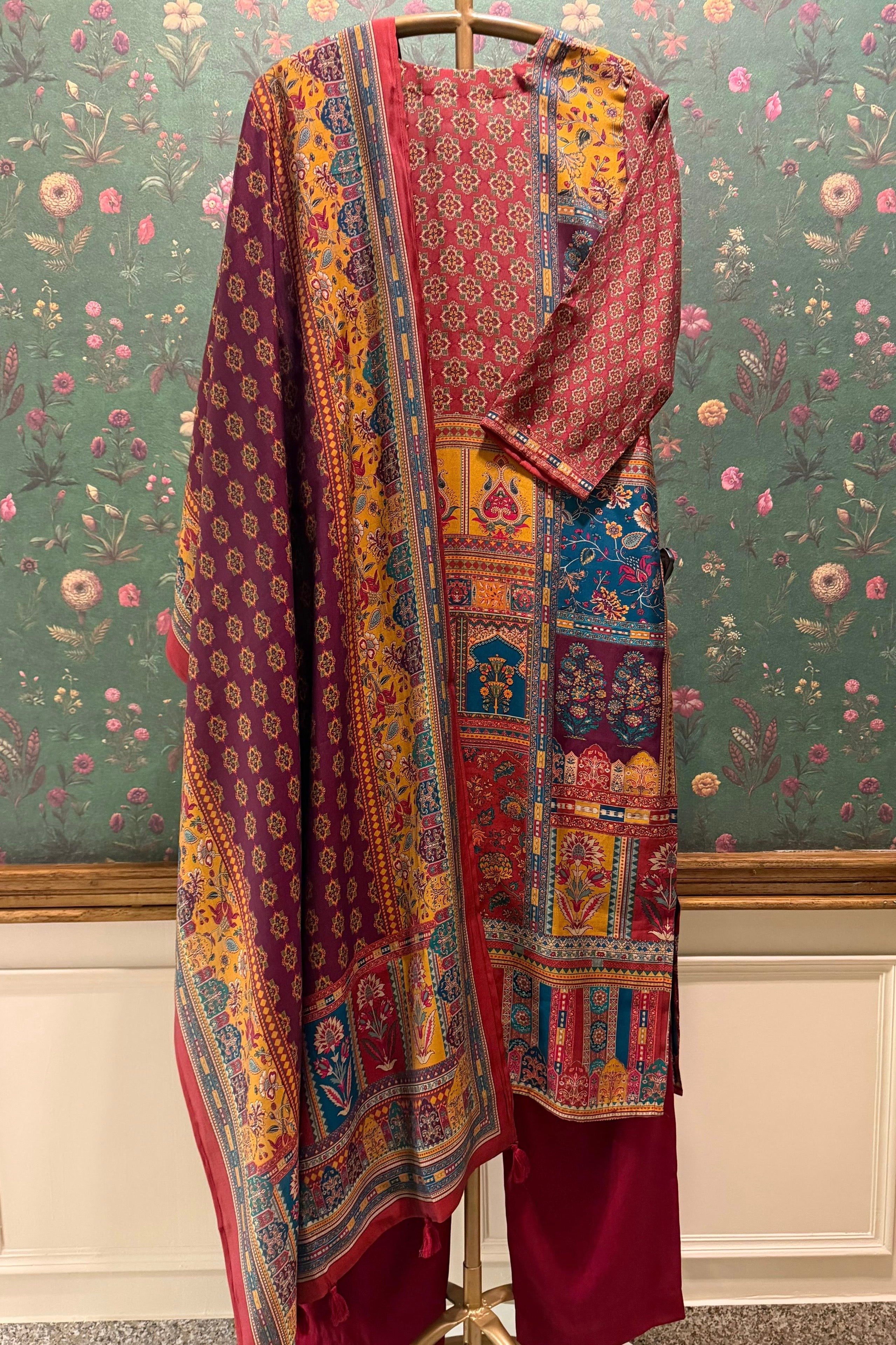 Aurelia Maroon Multicolor Muslin Suit Set | HER-569