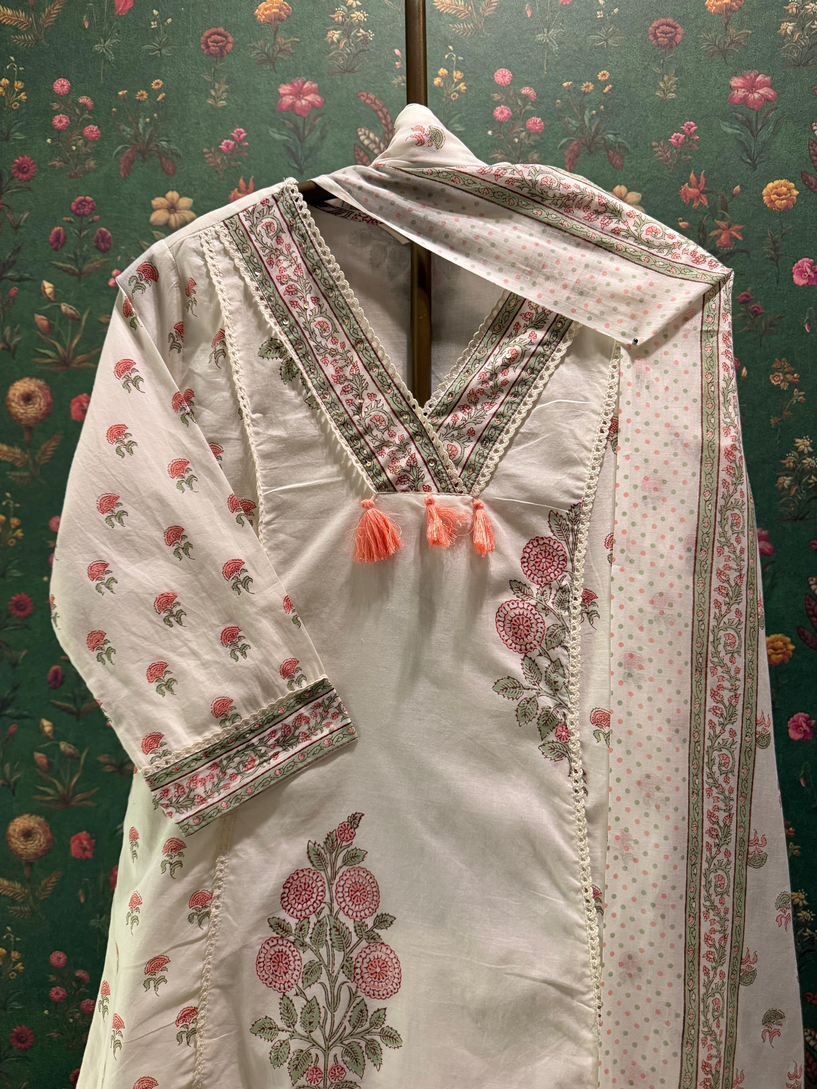 Ivory Floral Hand Block A-Line Cotton Suit Set | HER-716