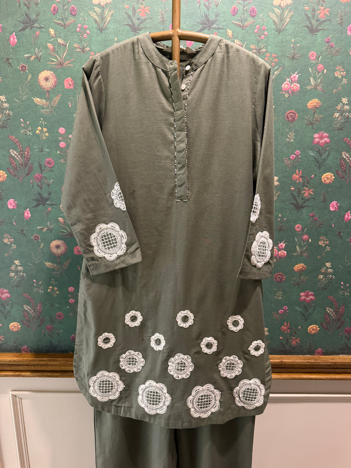 Olive Green Appliqué Khadi Cotton Kurta/Co-ord Set
