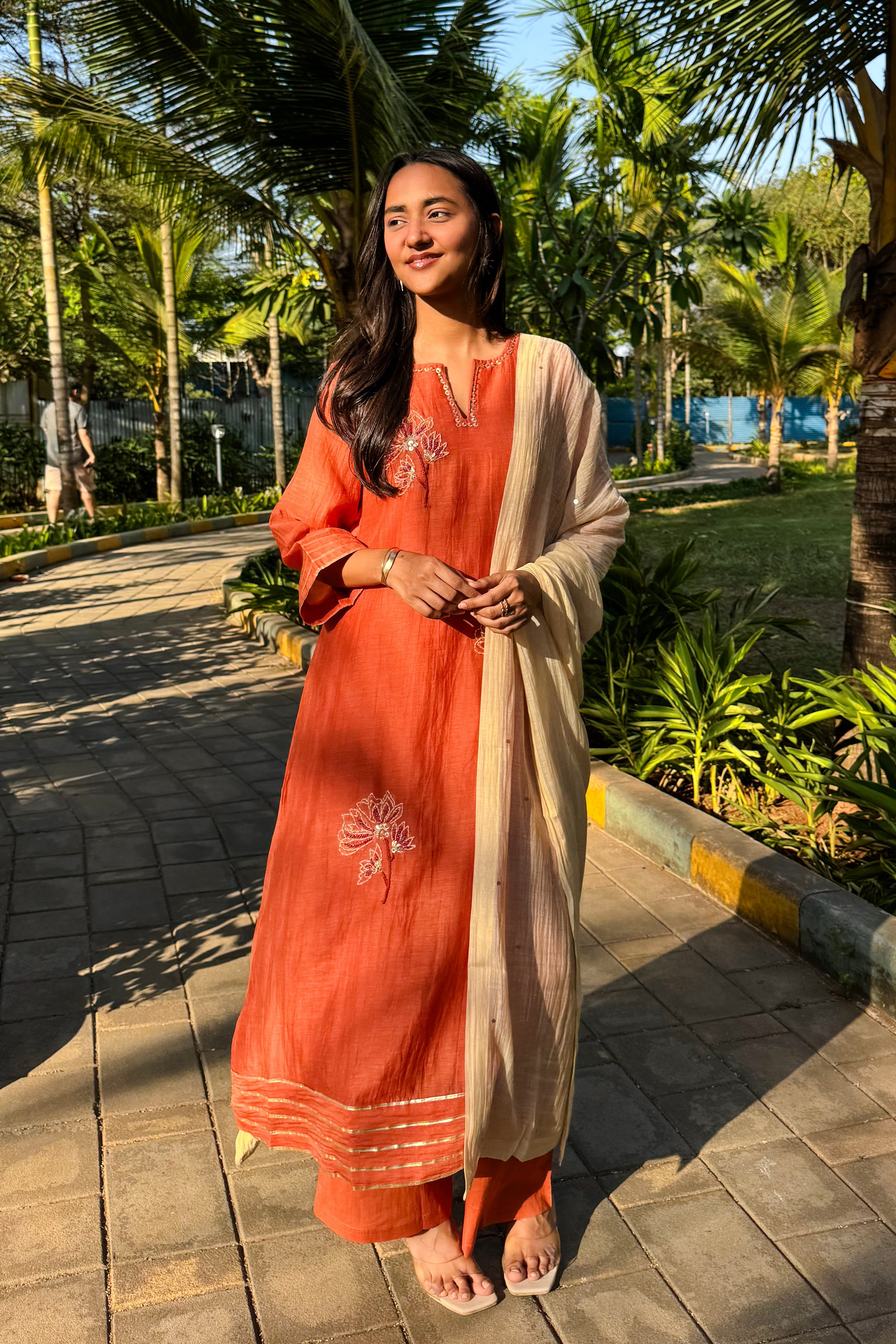 Rust Orange Embroidered A-Line Mul Chanderi Suit Set | HER-624