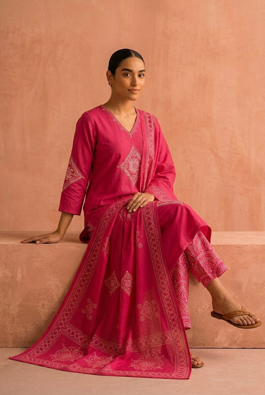 Fuchsia Pink Embroidered Cotton Suit Set | HER-718