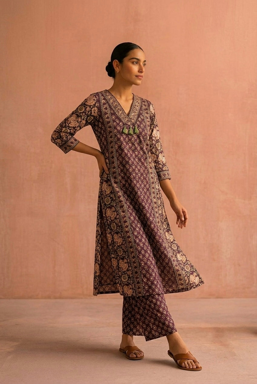 Deep Plum Floral Printed Cotton A-Line Suit Set | HER-714