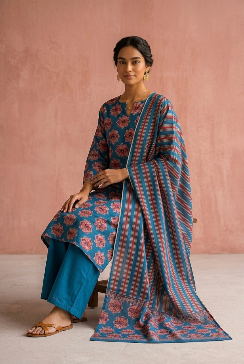 Floral Teal Blue Cotton Printed Suit Set | HER-724