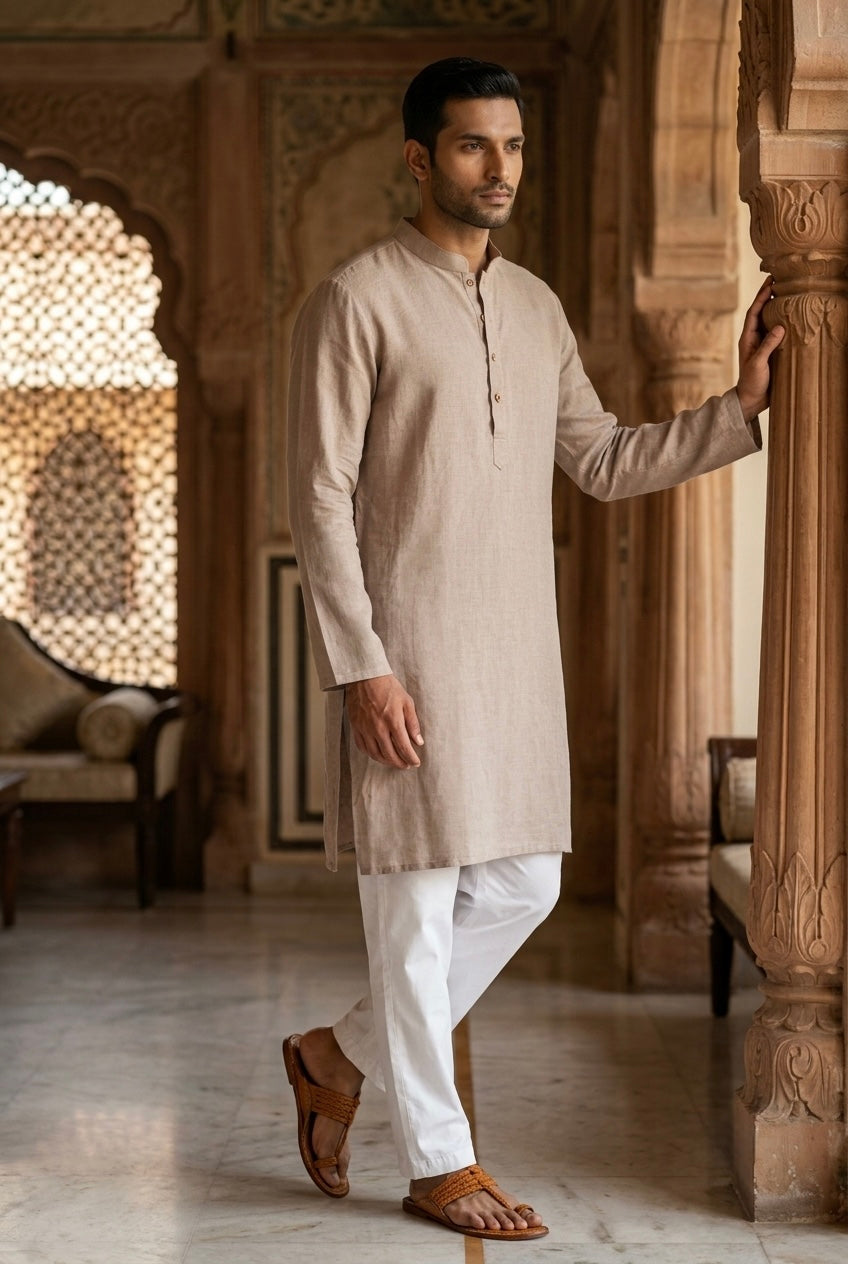 Men’s Pure Linen Kurta Pajama Set – Natural Beige