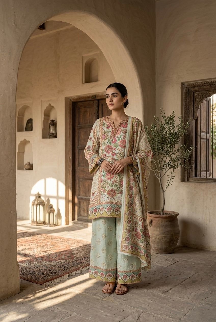 Pastel Green Crushed Tissue Floral Suit Set
