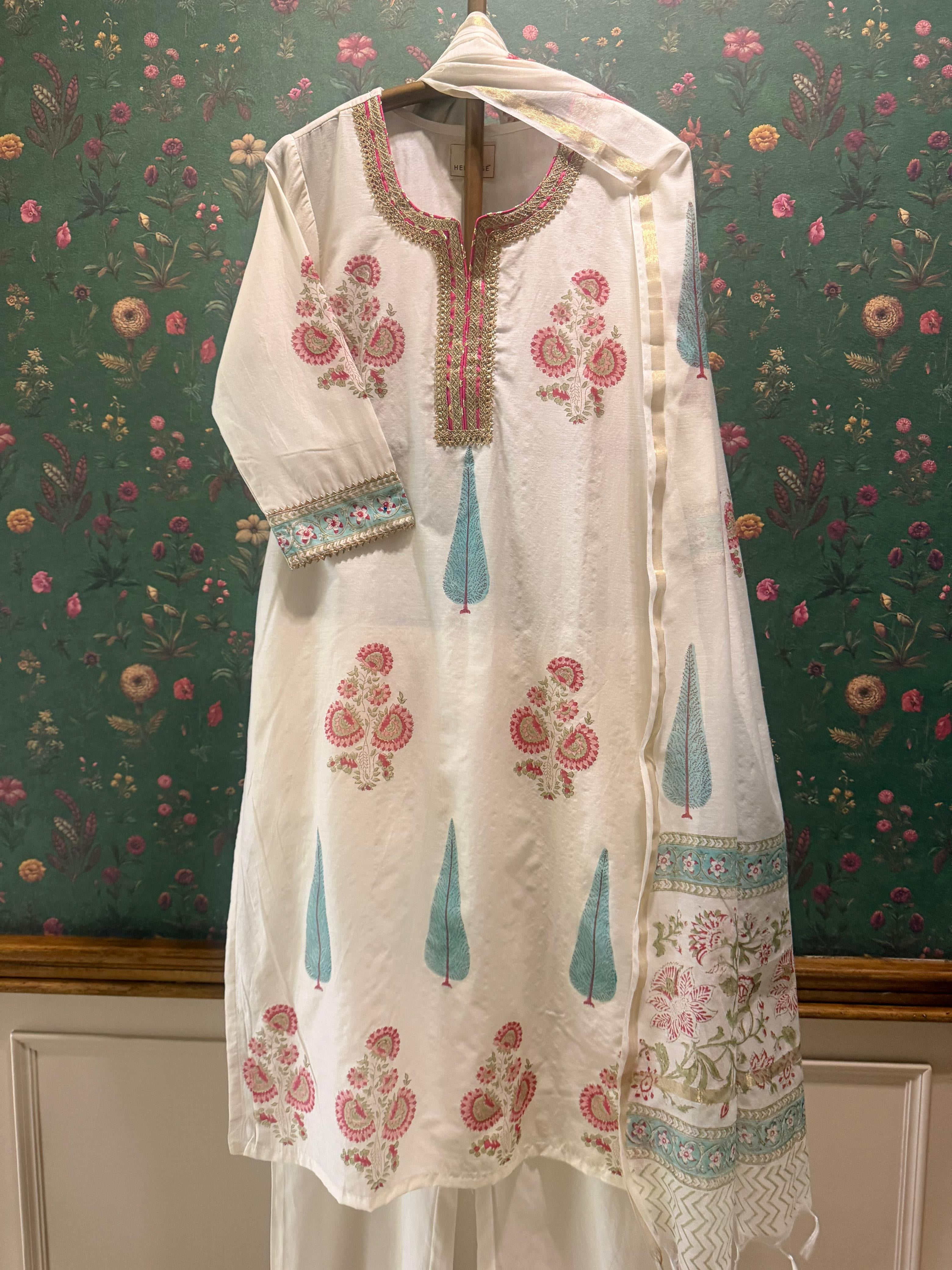 Ivory White Floral Printed Chanderi Suit Set | HER-757