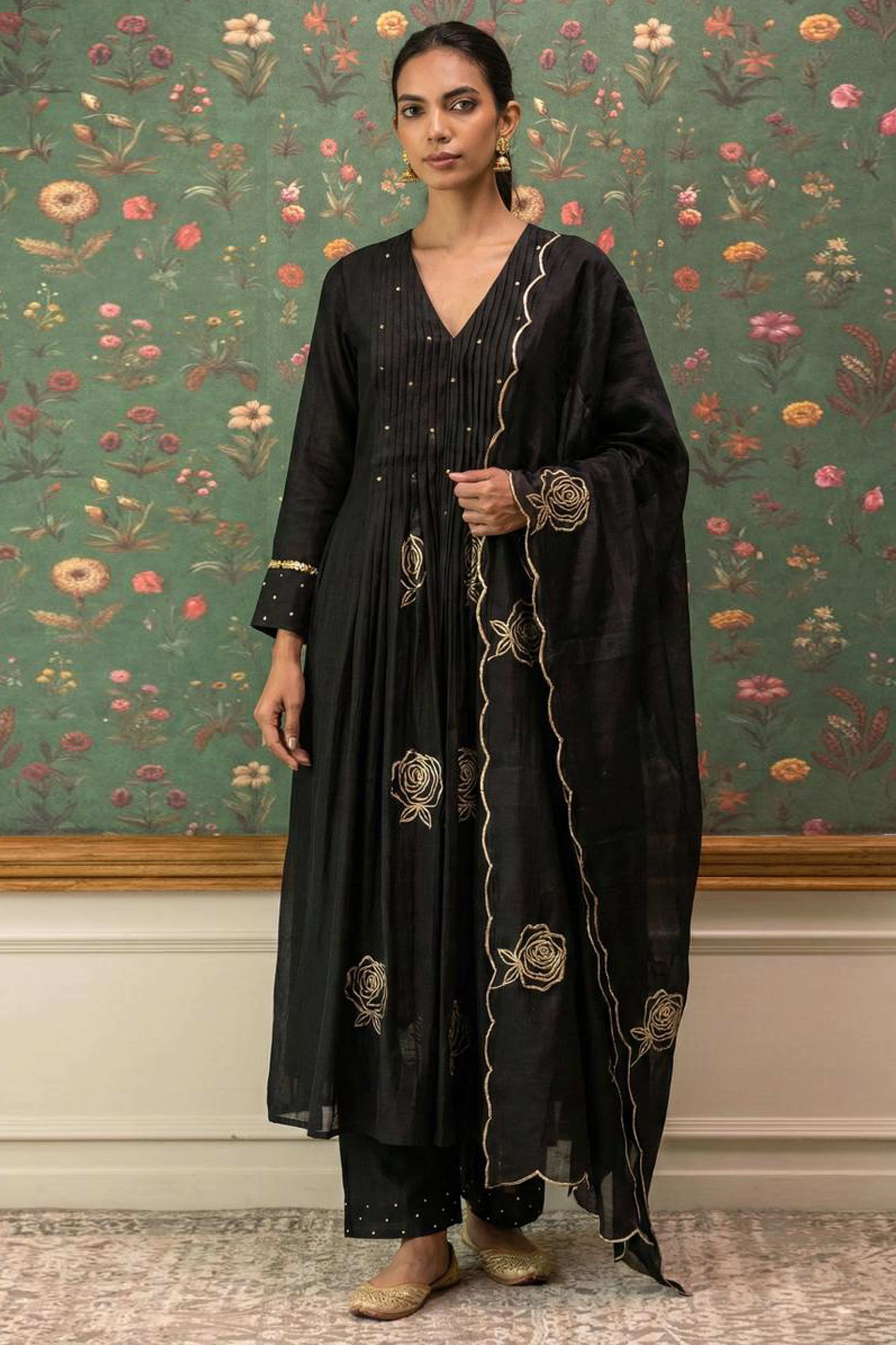 Black Rose Pintuck Palazzo Set with Scallop Dupatta | HER-587