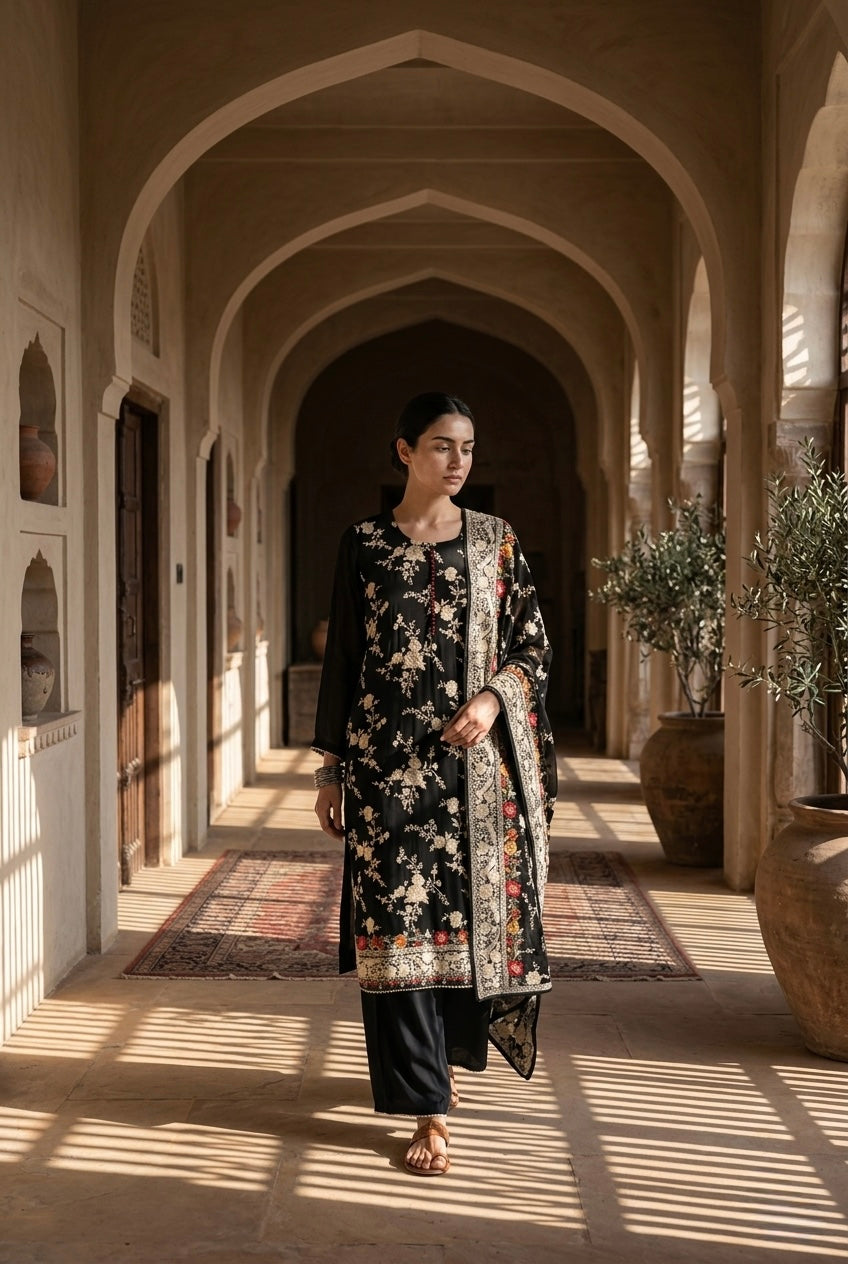 Black Floral Embroidered Georgette Suit Set