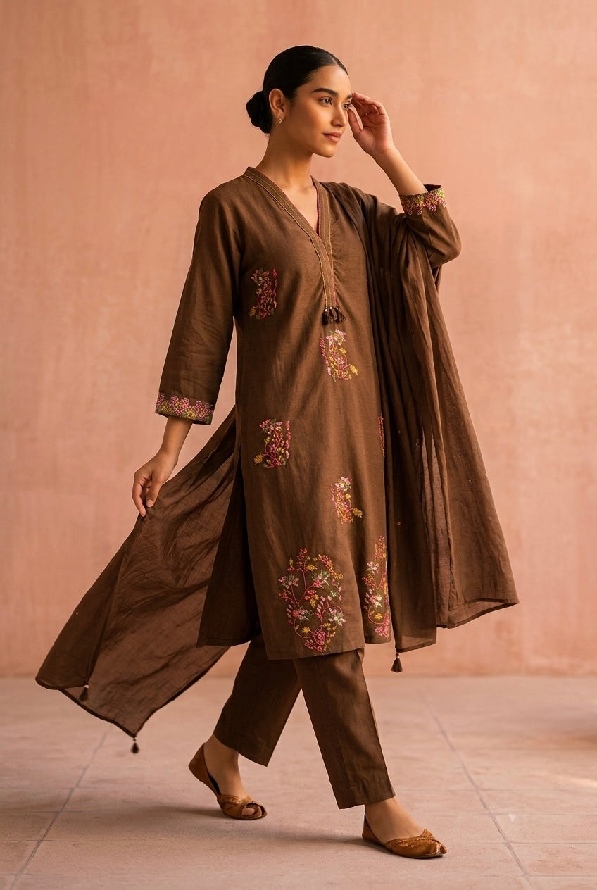 Cocoa Brown Embroidered Cotton Suit Set | HER-697