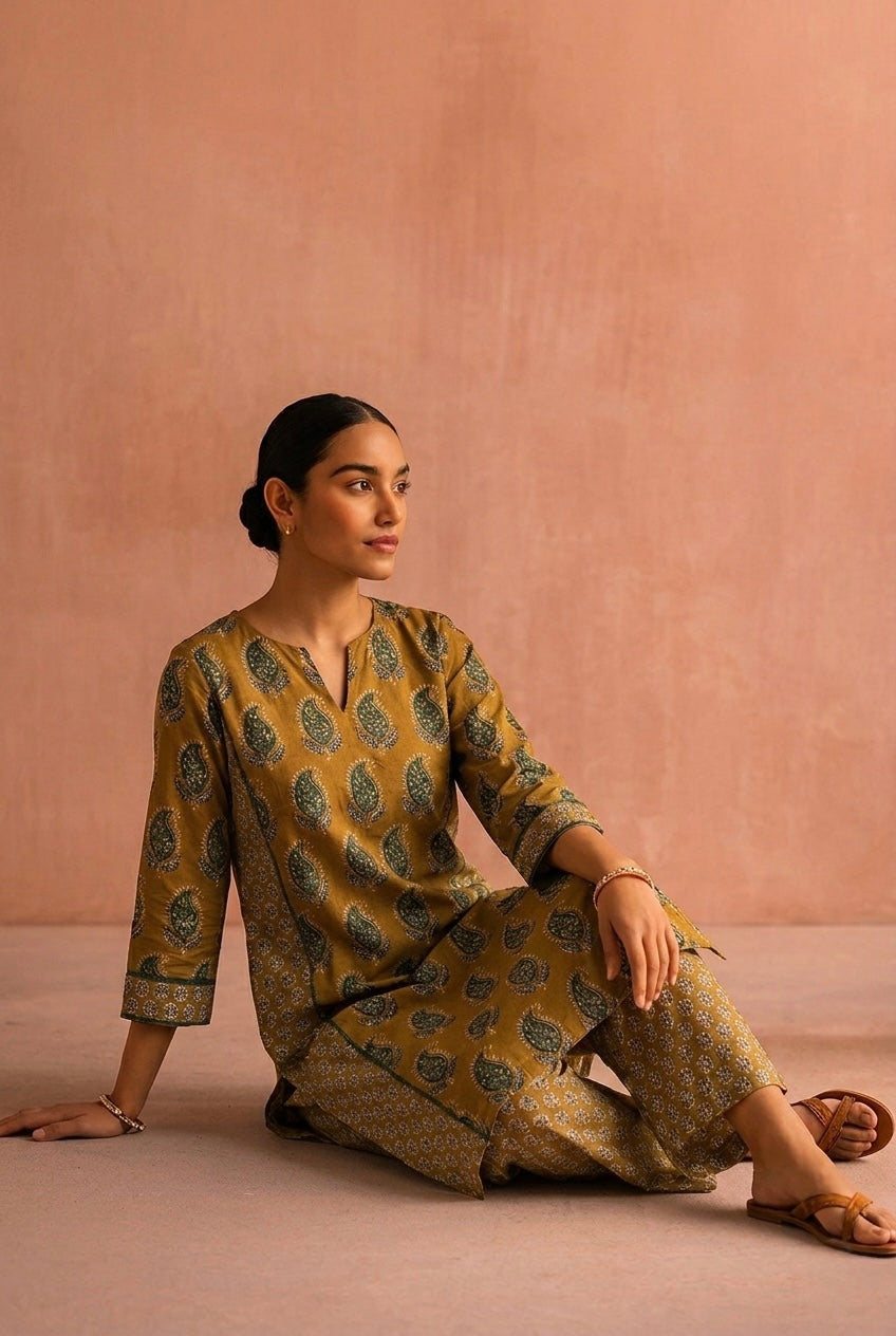 Mustard Yellow Printed A-Line Cotton Suit Set | HER-720