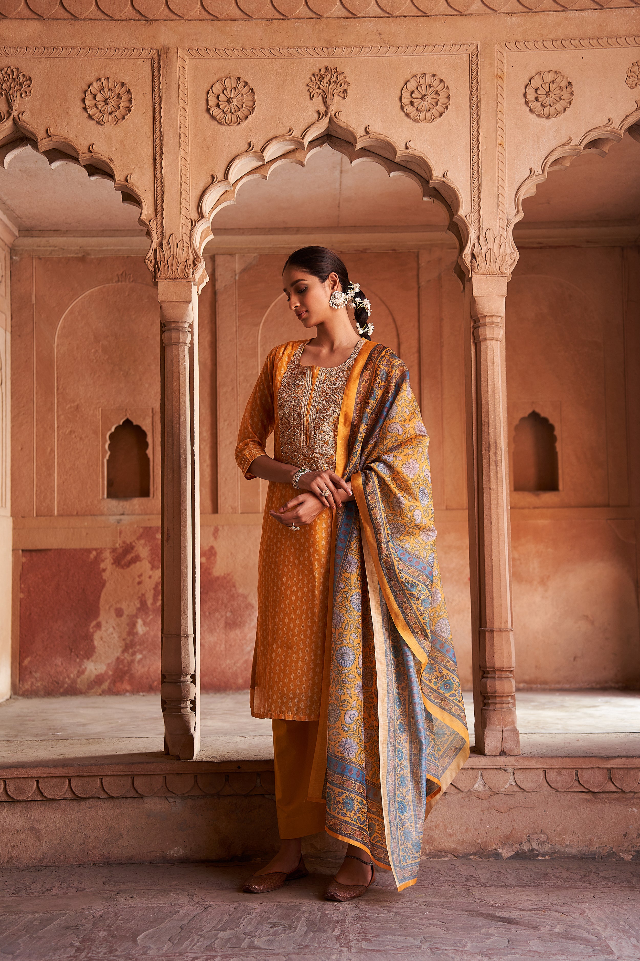 Mustard Chanderi Embroidered Suit Set