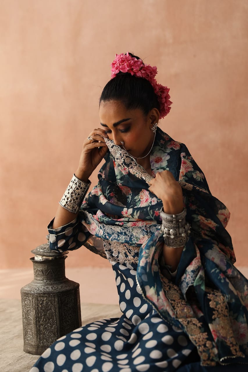 Blue Polka Chanderi Kurta Set | HER-253