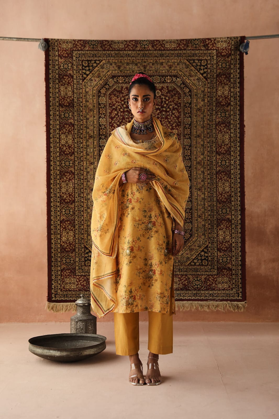 Heer Floral Yellow Chanderi Suit Set | HER-255