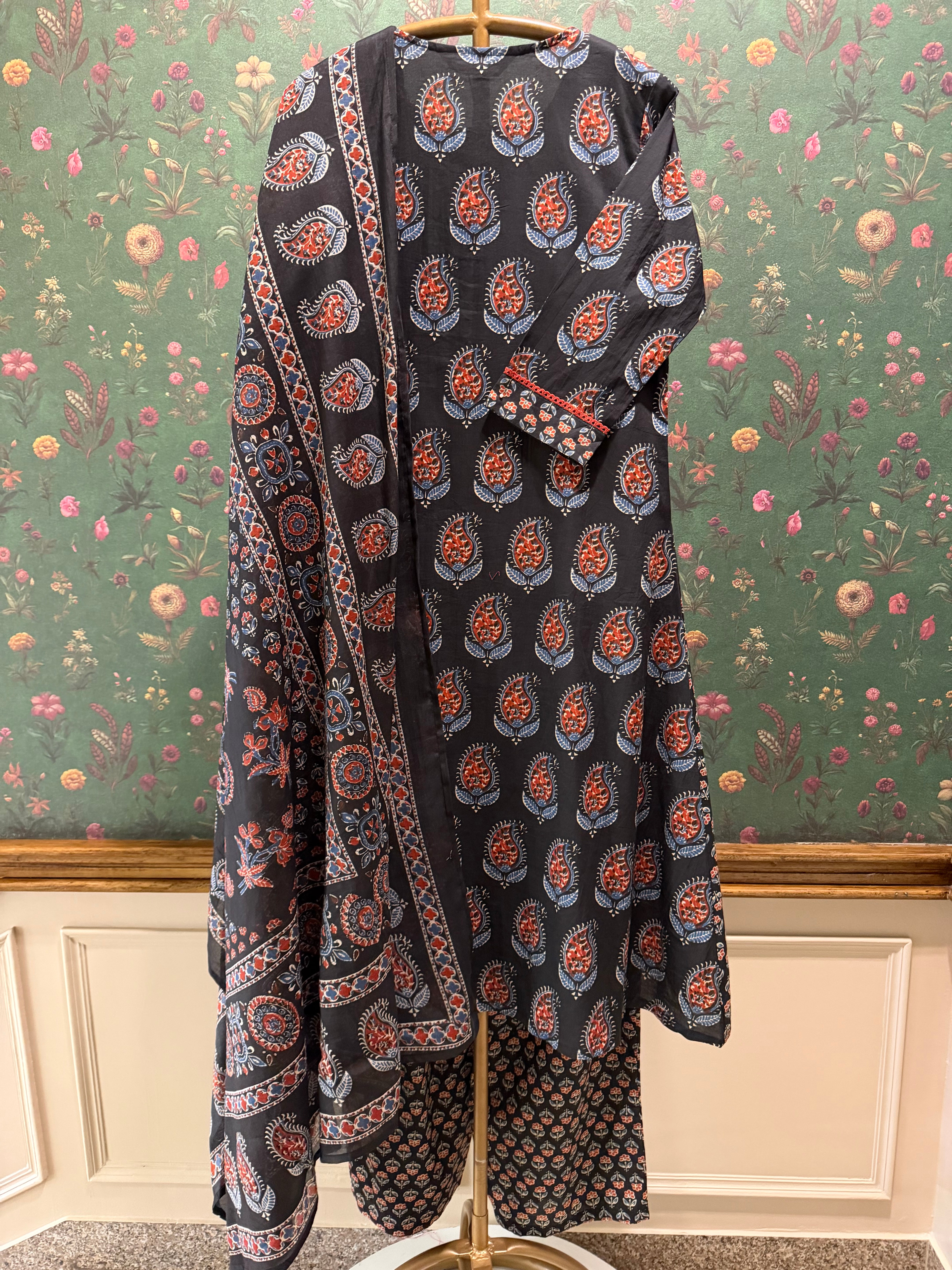 Black Ajrakh Printed Cotton A-Line Suit Set | HER-720