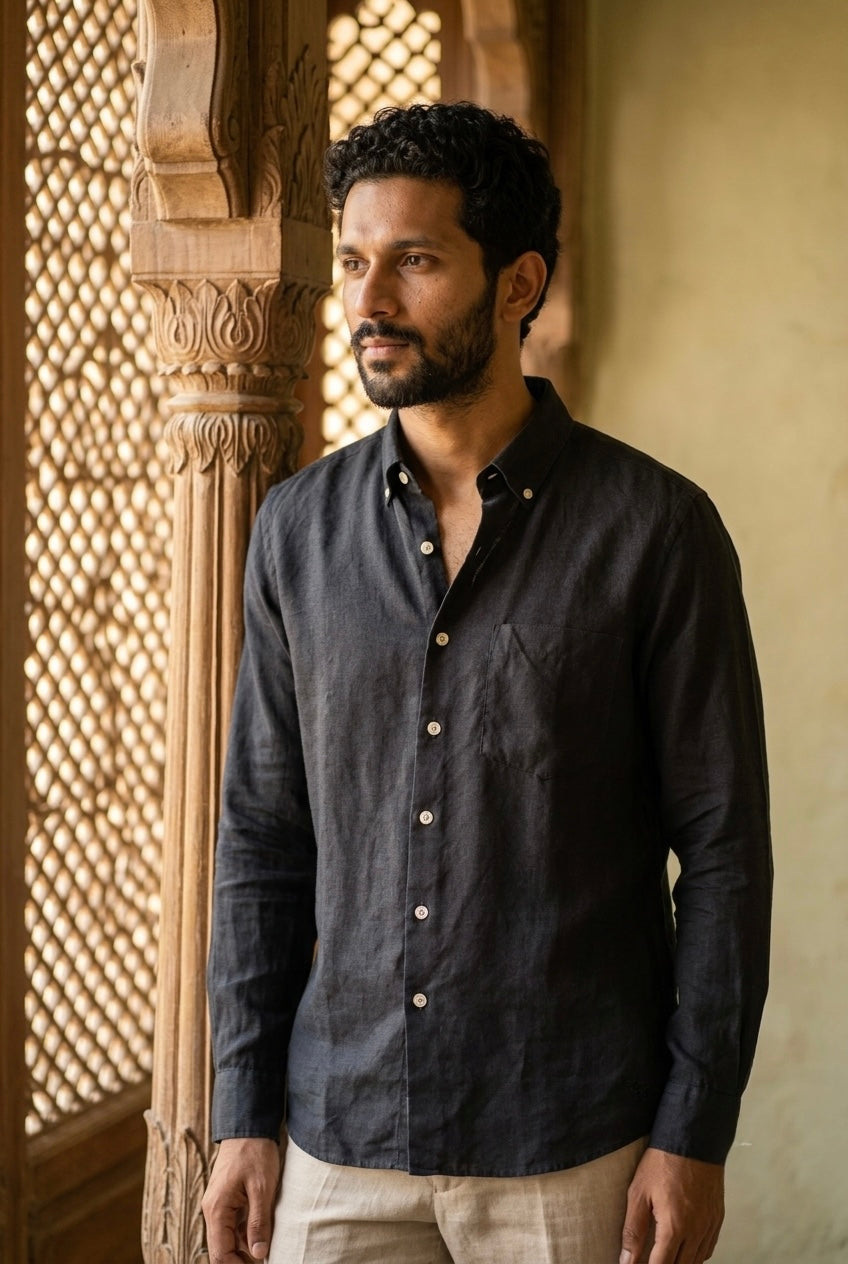 Black Men’s Pure Linen Full Sleeves Shirt