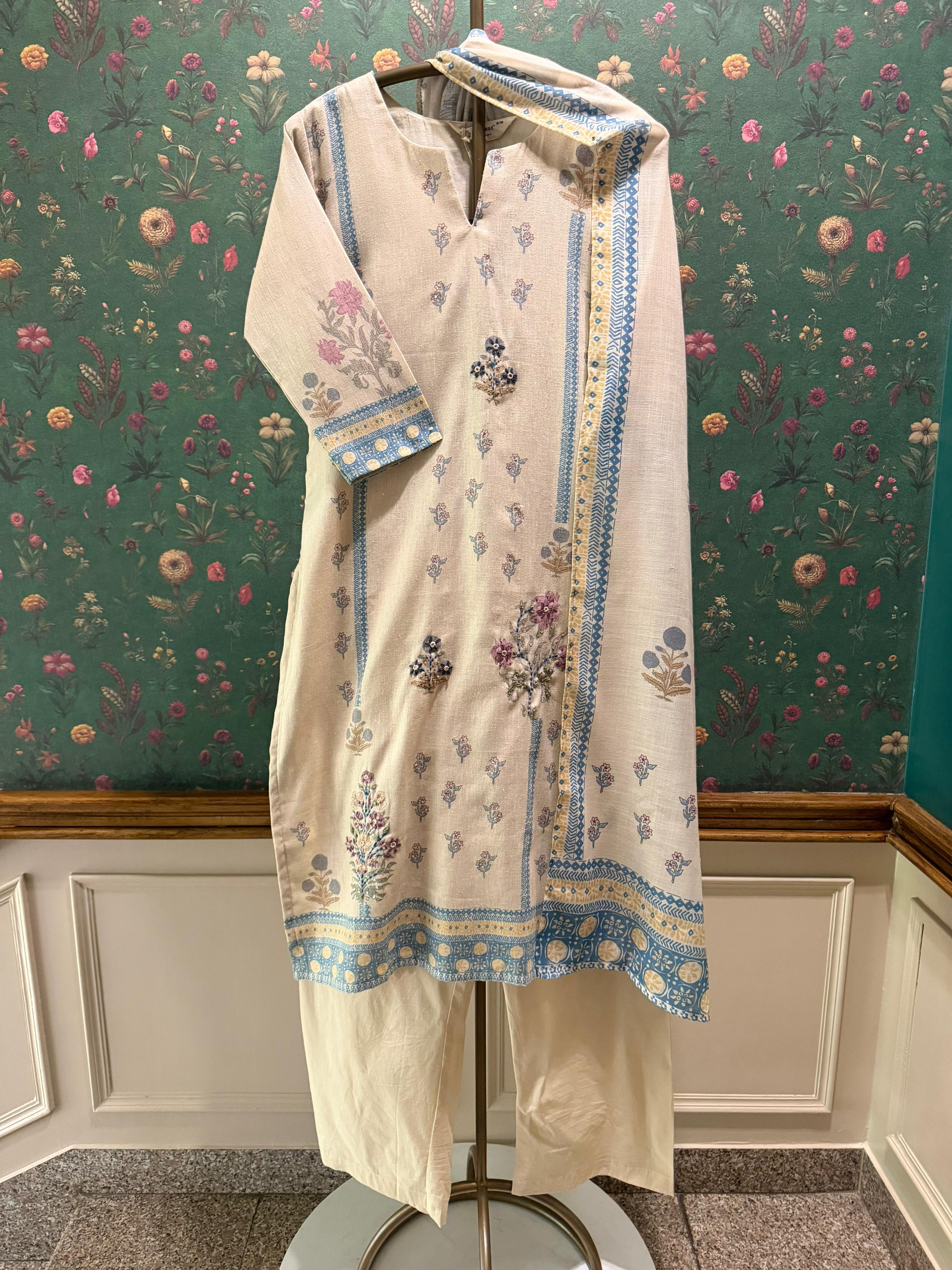 Beige Floral Embroidered Cotton Linen Suit Set | HER-668
