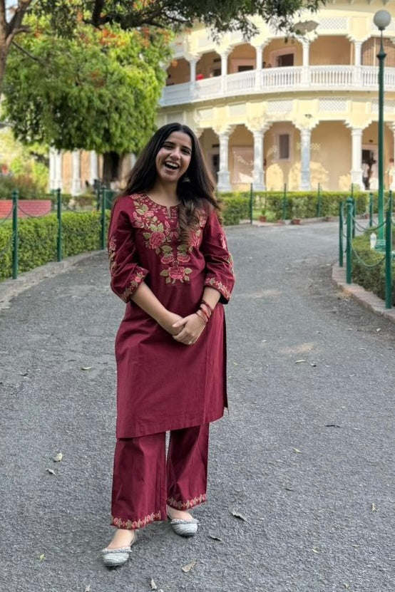 Berry Red Embroidered Kurta Set | HER-721