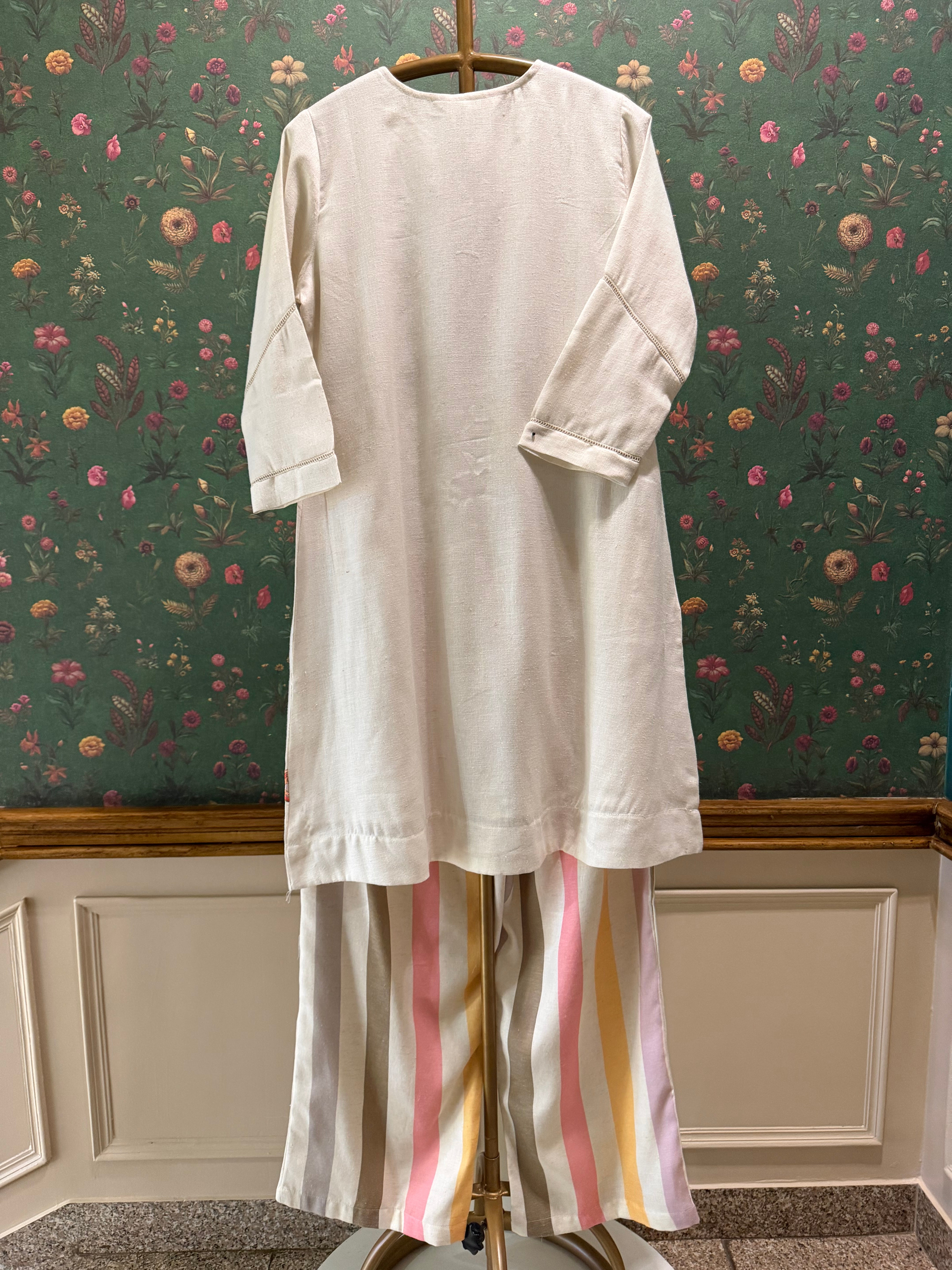 Ivory Botanical Embroidered A-Line Kurta Set | HER-630