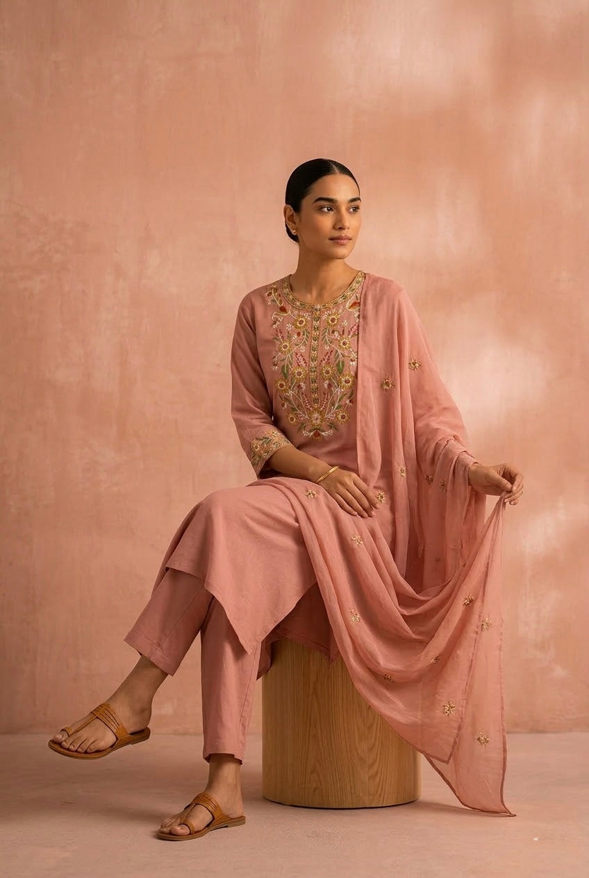 Blush Pink Embroidered Cotton Suit Set | HER-707