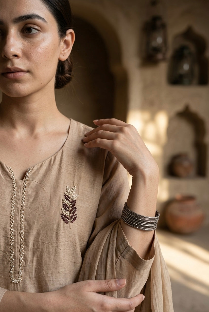 Champagne Beige Embellished Mul Chanderi A-Line Suit Set