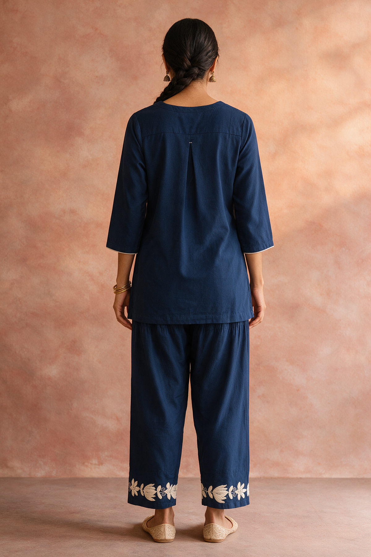 Navy Blue Lotus Embroidered Kurta Set