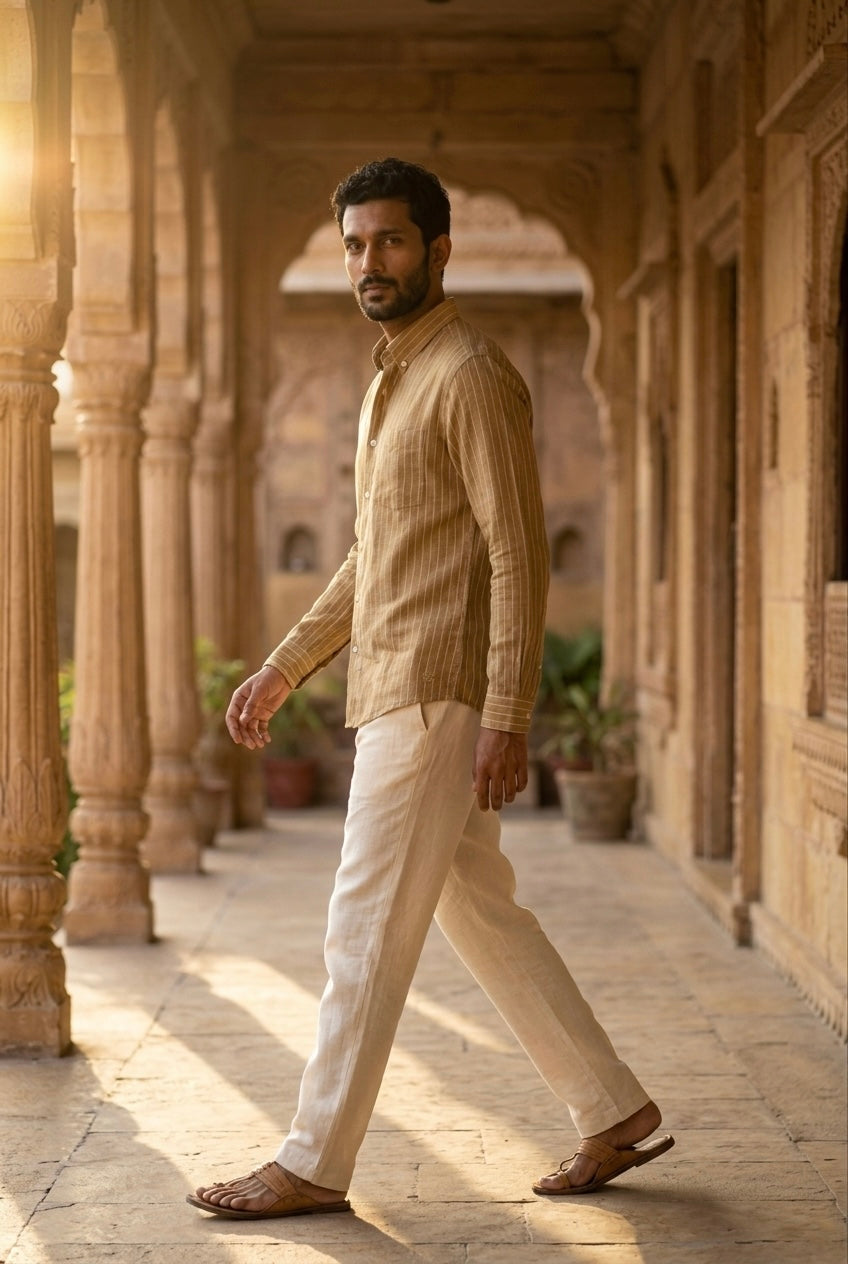 Tan Stripe Men’s Pure Linen Full Sleeves Shirt