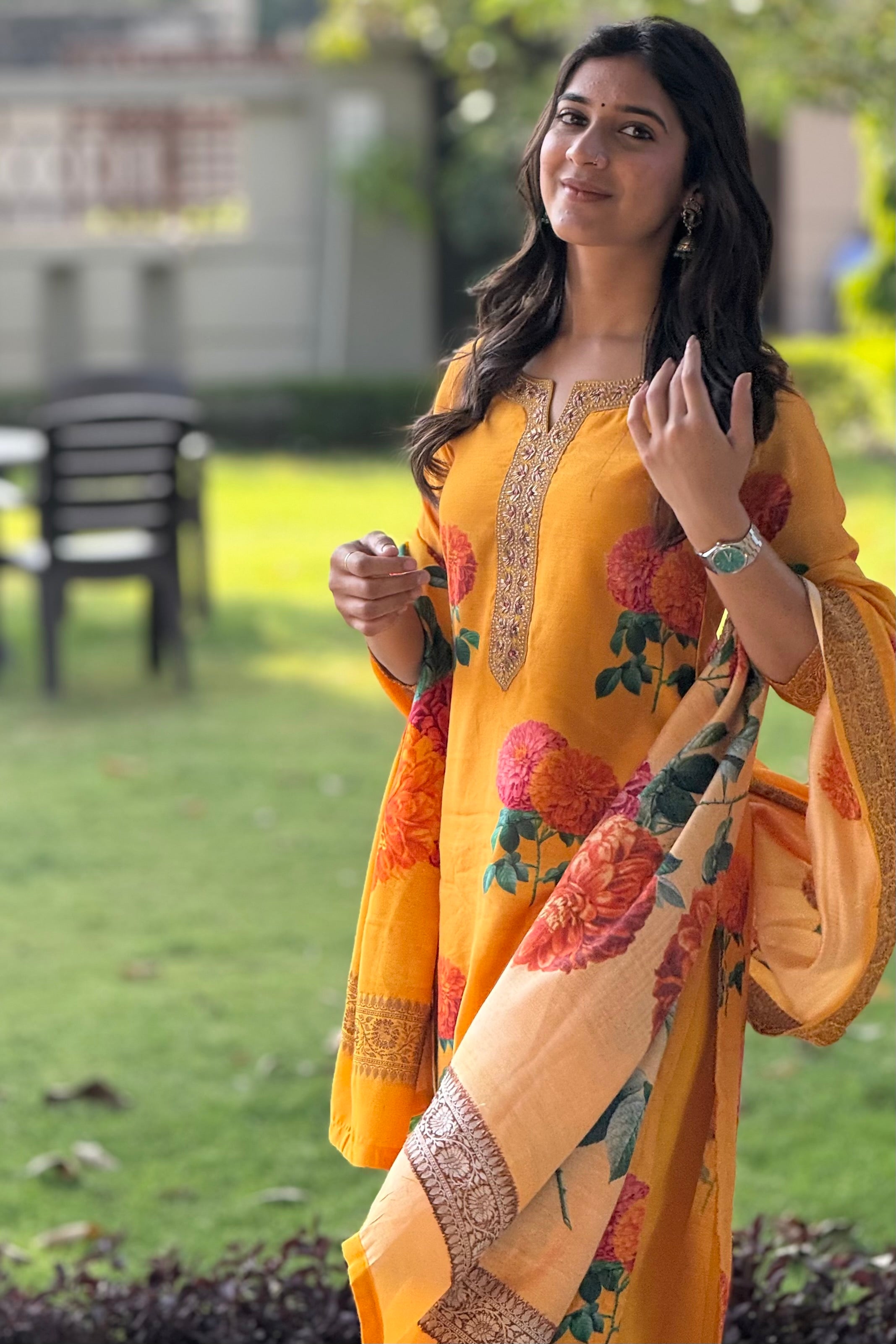 Yellow Floral Chanderi Suit Set | HER-608