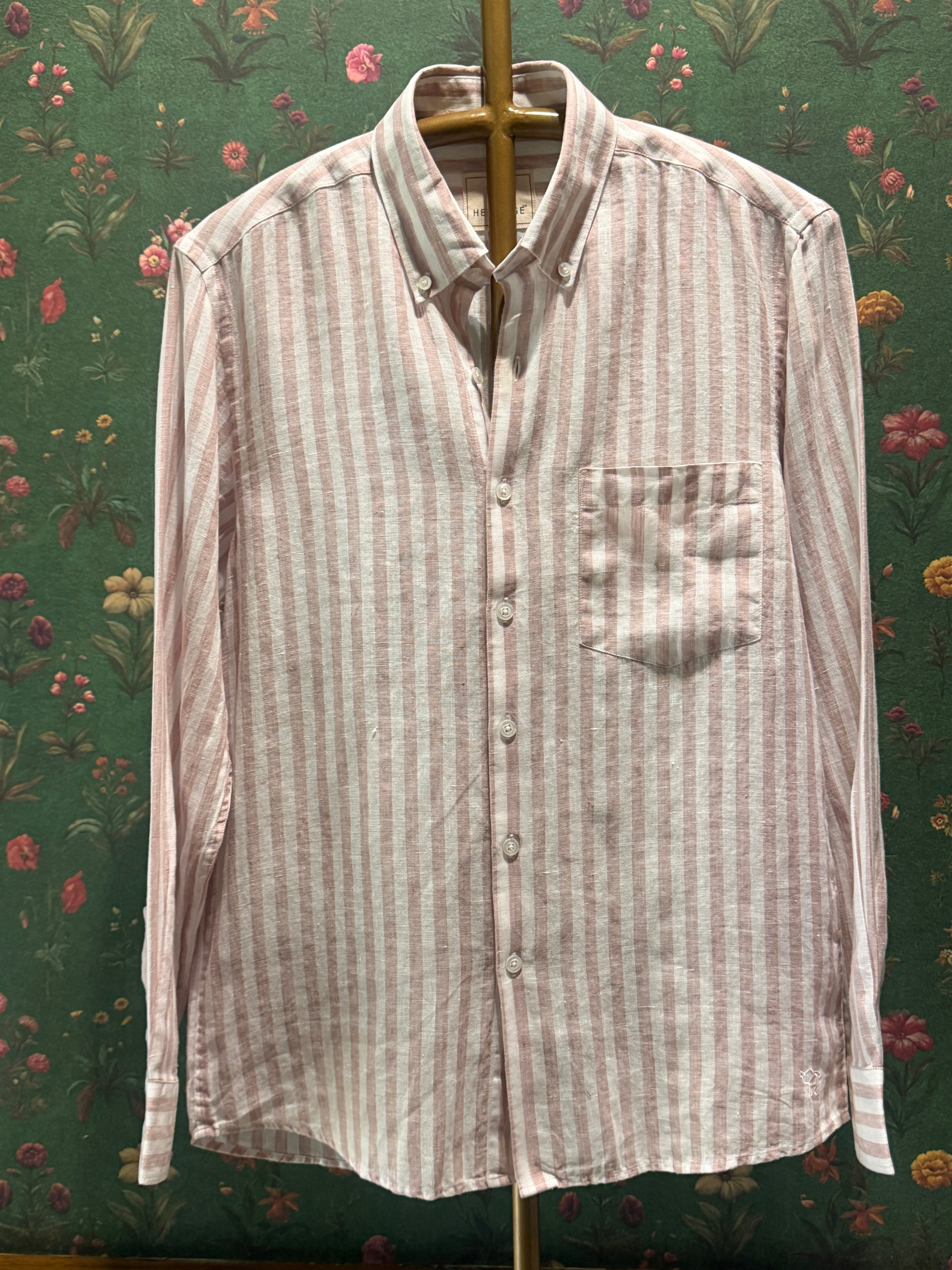 Men’s Blush Pink & White Striped Pure Linen Full Sleeves Shirt