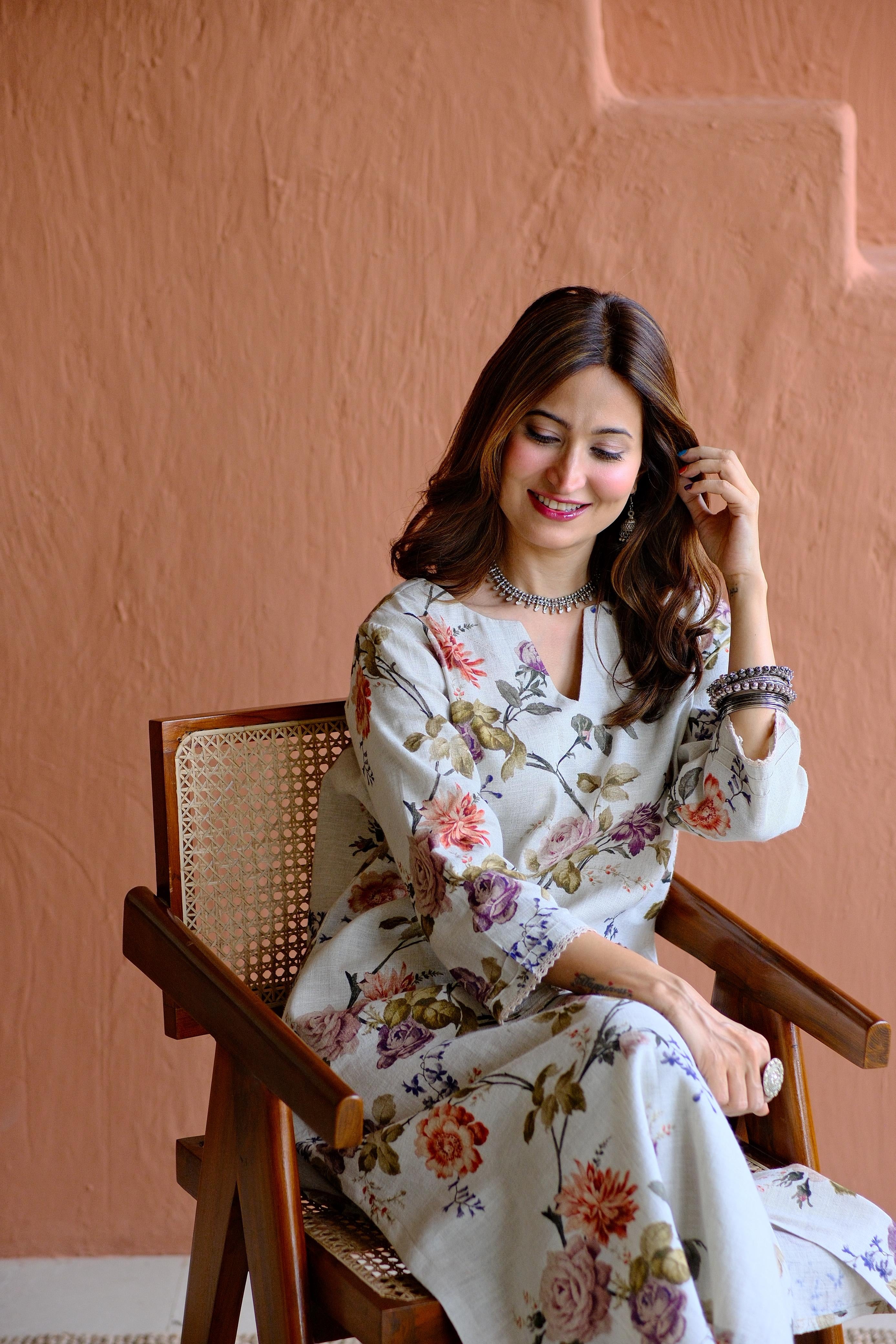 Rosalie Bloom Pure Linen Co-ord/Kurta Set | HER-465