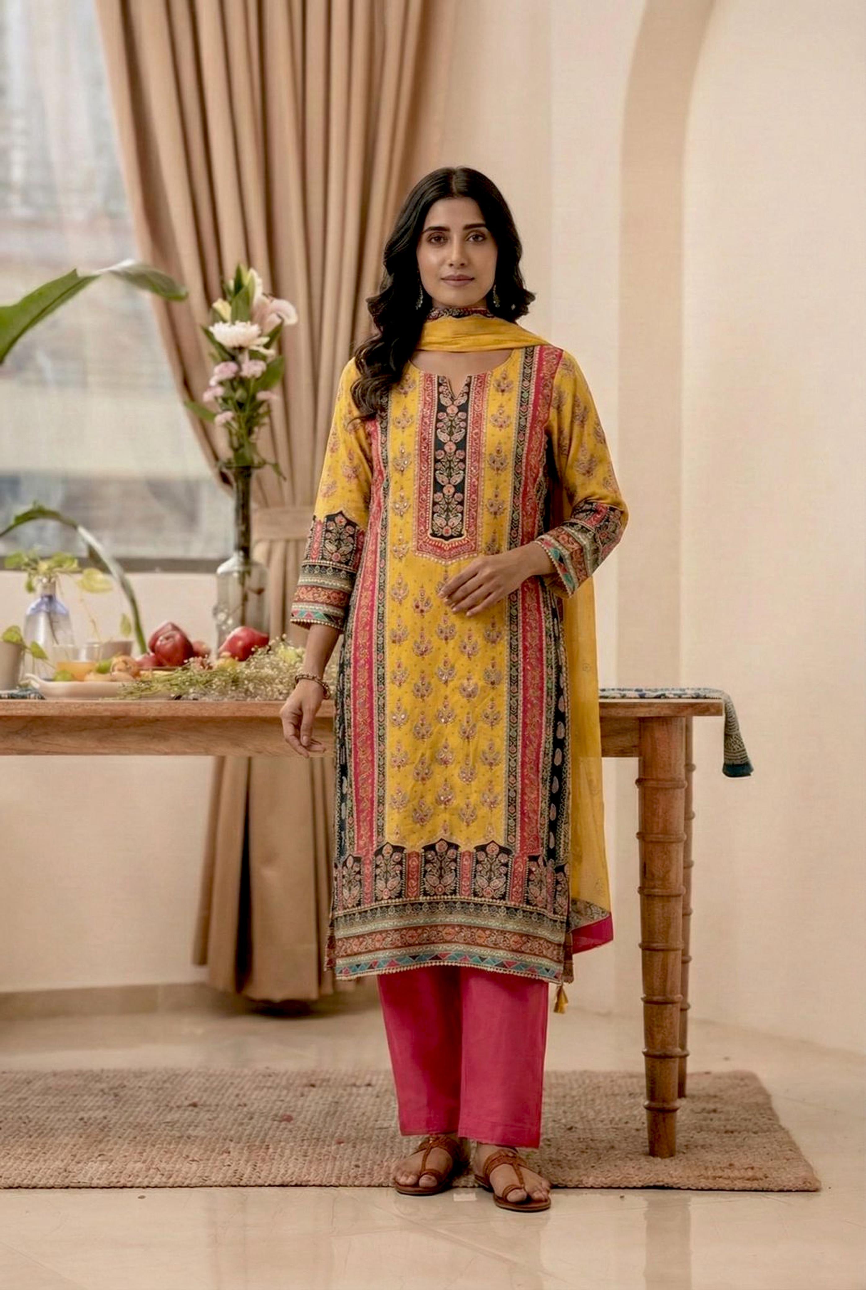 Mustard Yellow Muslin Suit Set | HER-453