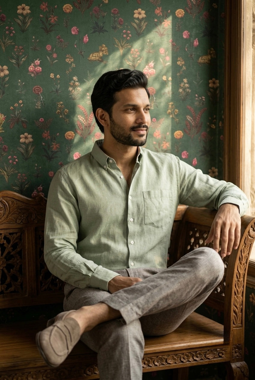 Men’s Sage Green Pure Linen Full Sleeves Shirt