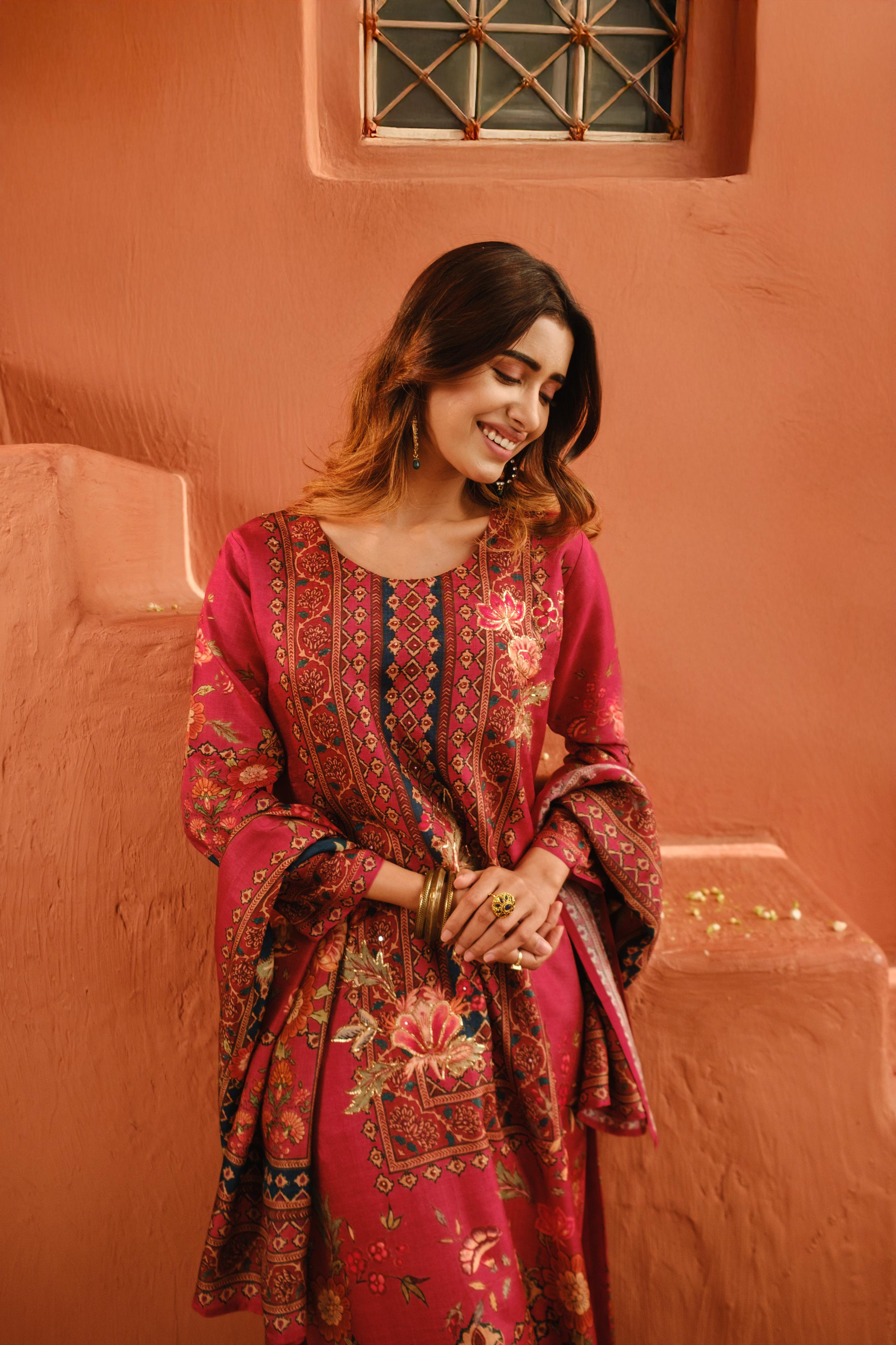 Deep Rose Pink Dola Jacquard Suit Set with Dabka work | HER-485