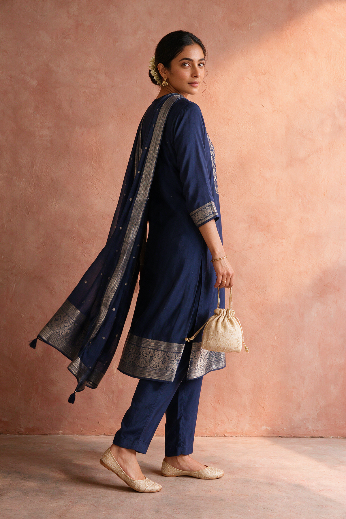 Midnight Blue Dola Silk Zari Embroidered Suit Set