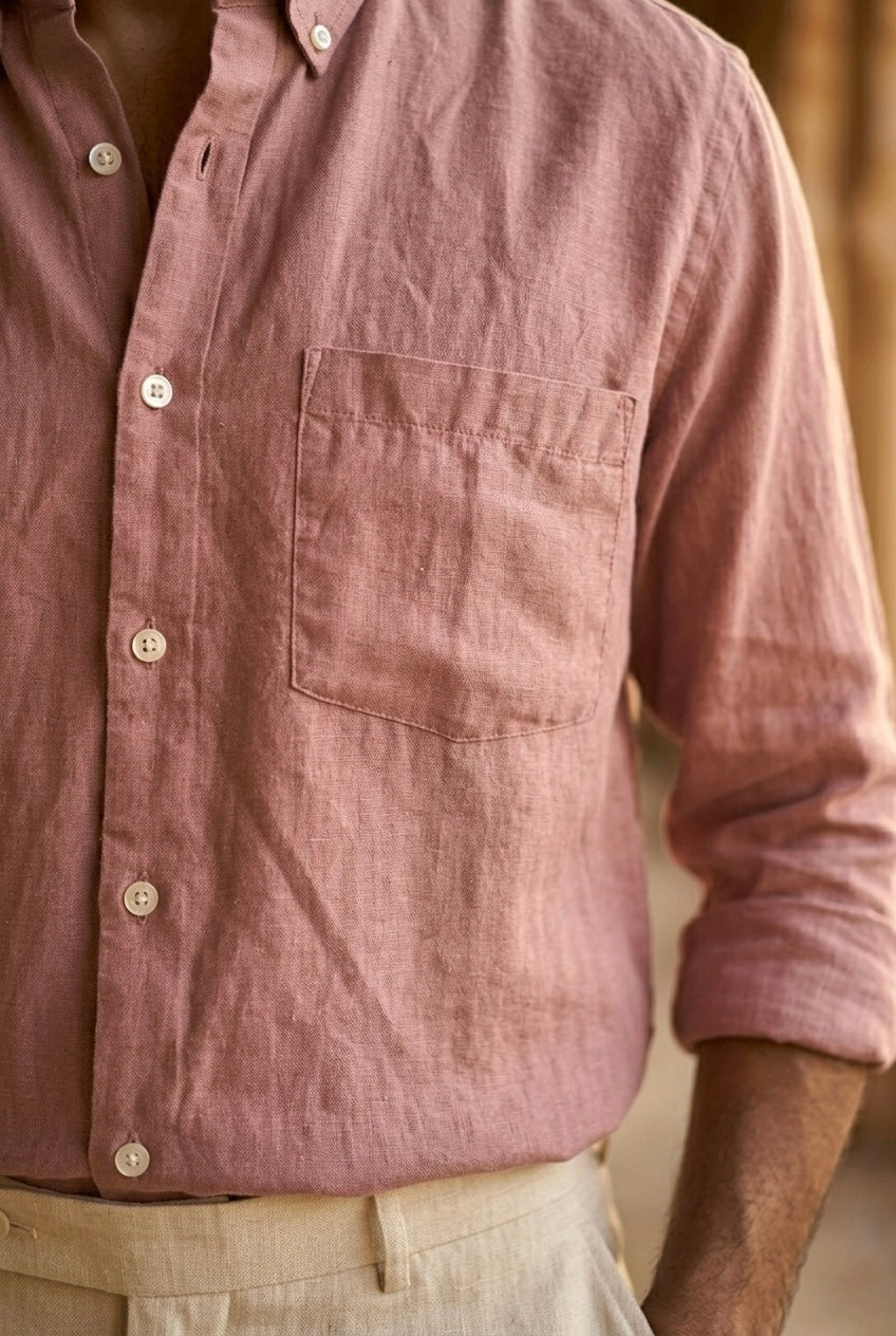 Dusty Rose Pink Men’s Pure Linen Full Sleeves Shirt