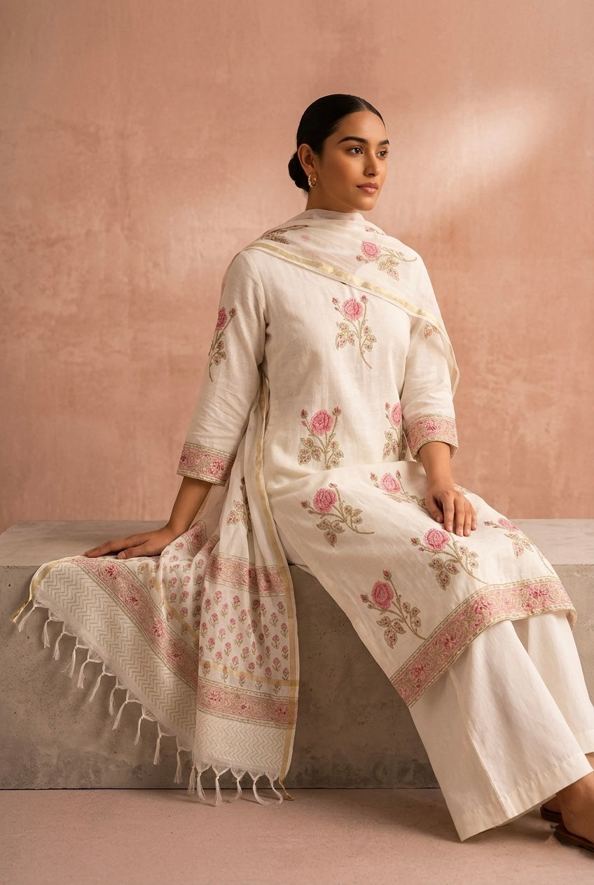 Ivory White Rose Printed Chanderi Suit Set | HER-759
